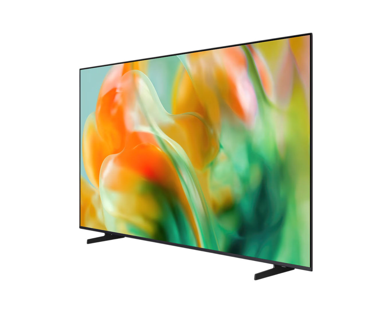 Ayaklı, renkli soyut görselleri olan modern bir düz ekran TV.
