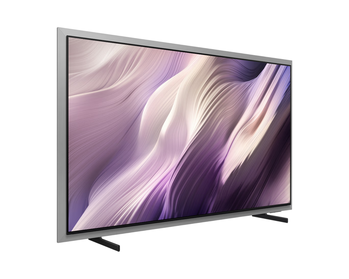 Modern bir düz ekran TV, siyah arka plana karşı gümüş çerçeveli.