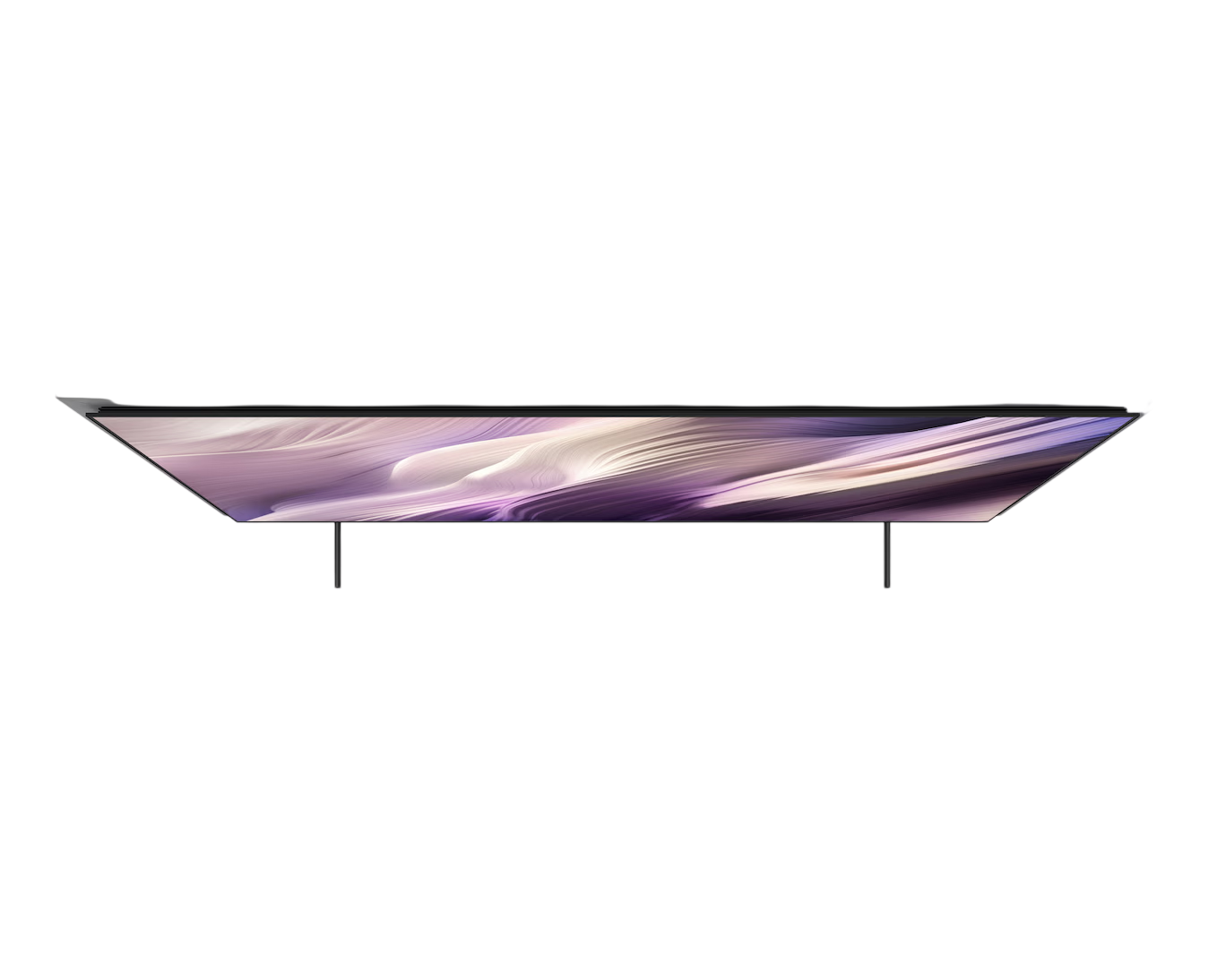 Ekranında soyut, akıcı desen bulunan modern bir TV, iki ince bacak üzerinde duruyor.