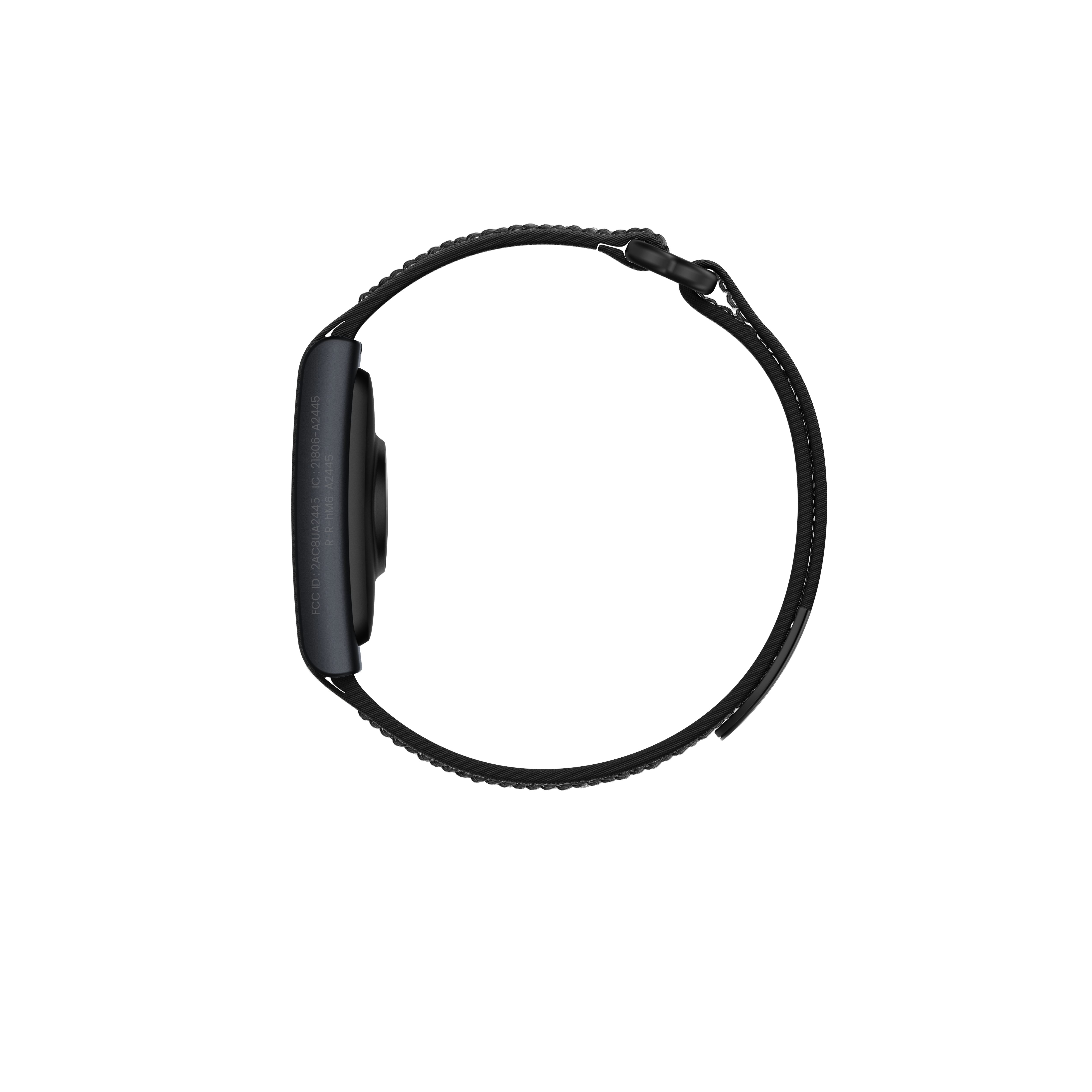 Schwarzes Smart-Armband mit weißer Naht, auf weißem Hintergrund.