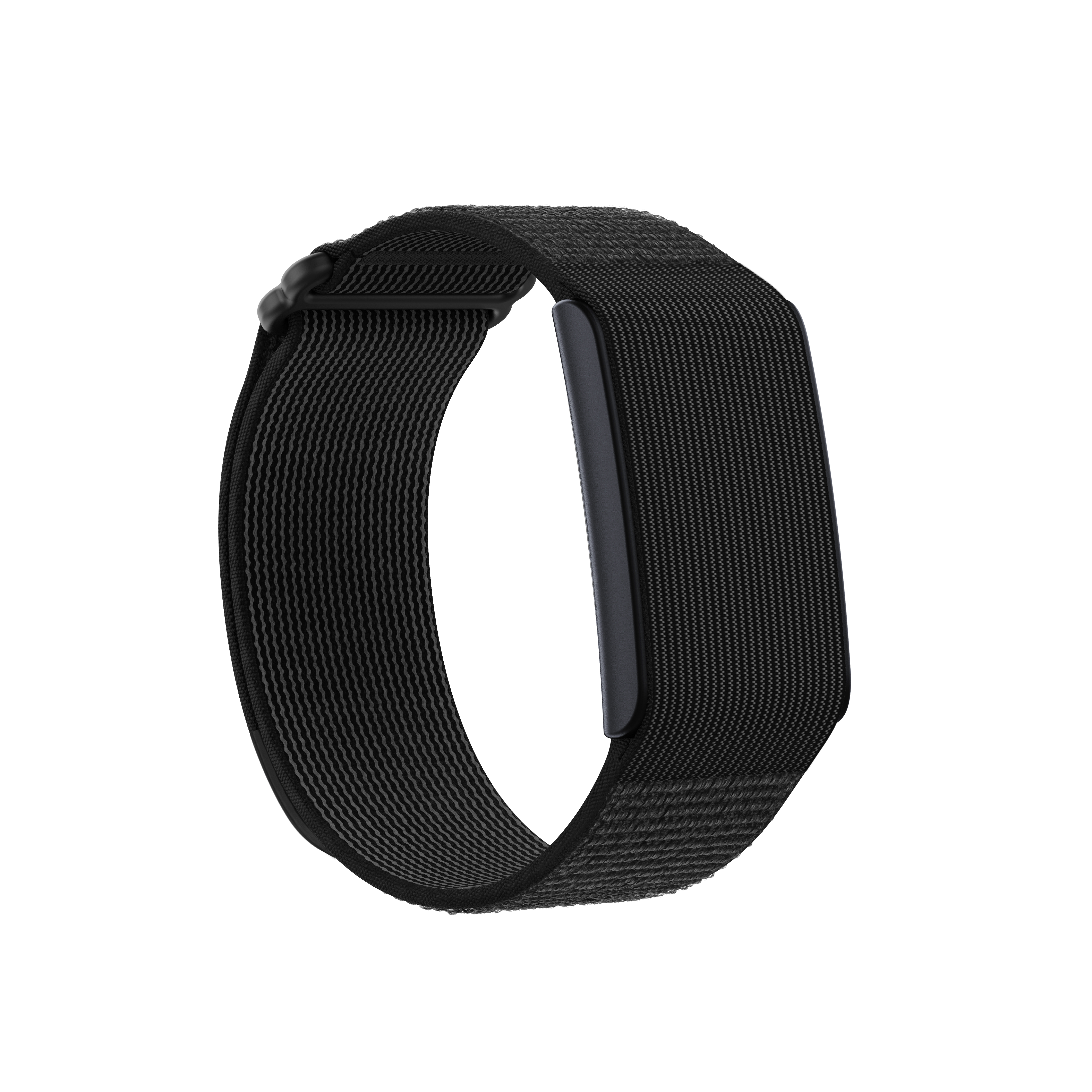 Schwarzes Armband mit einem dunklen, rechteckigen Einsatz und einem Klettverschluss.