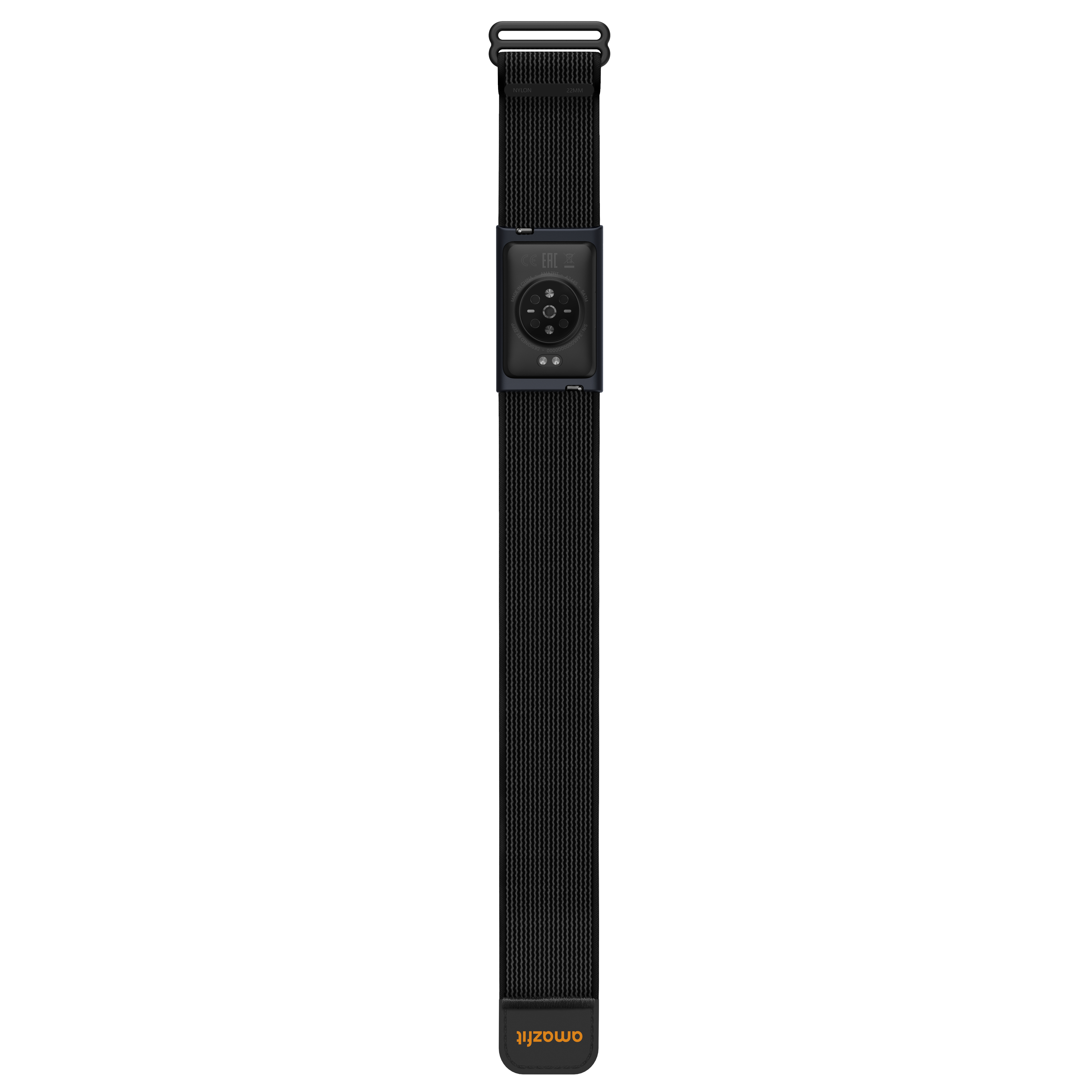 Schwarzes Uhrenarmband aus Nylon mit Schnalle und Amazfit-Logo.