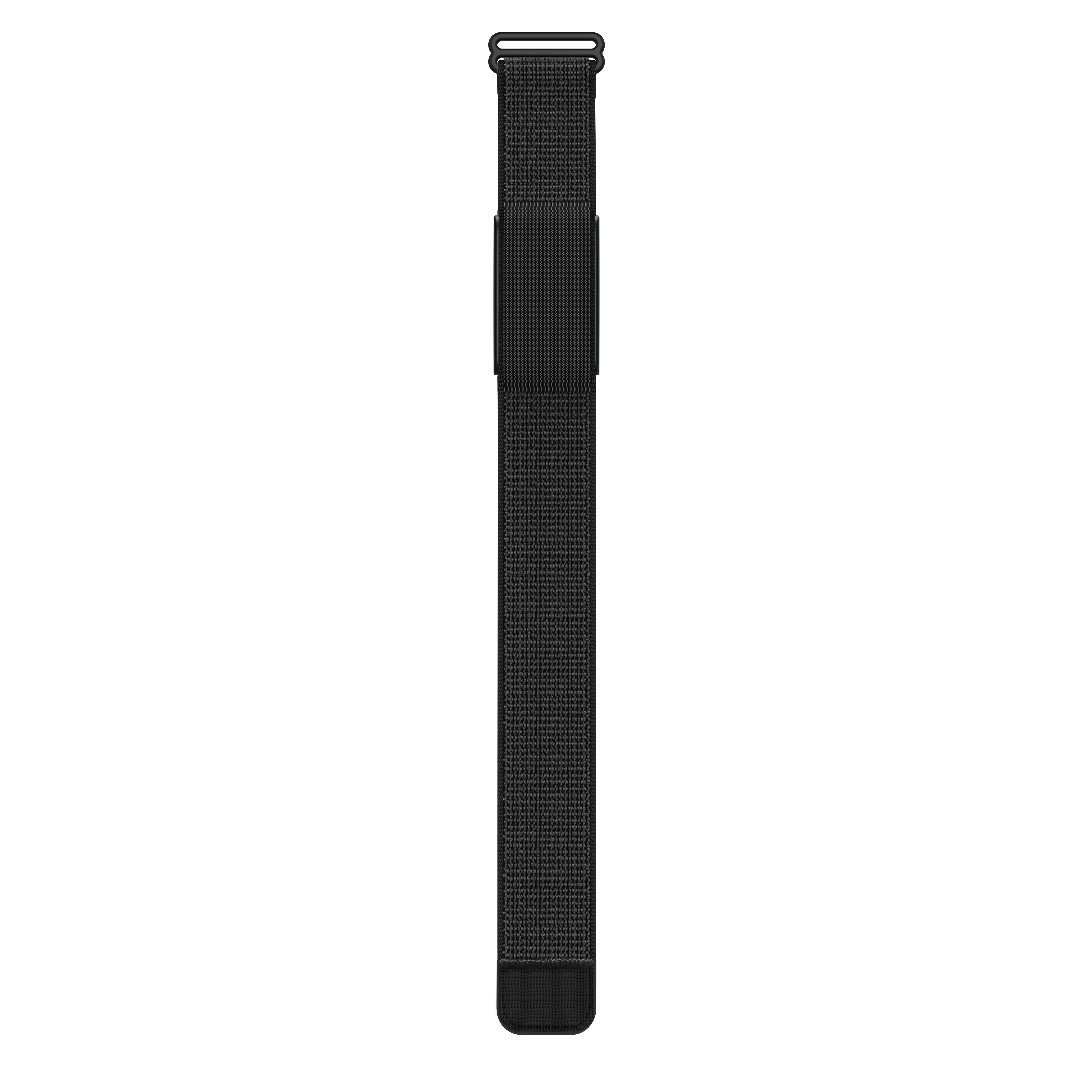 Schwarzes Armband mit silberner Schnalle und schwarzem Klettverschluss.