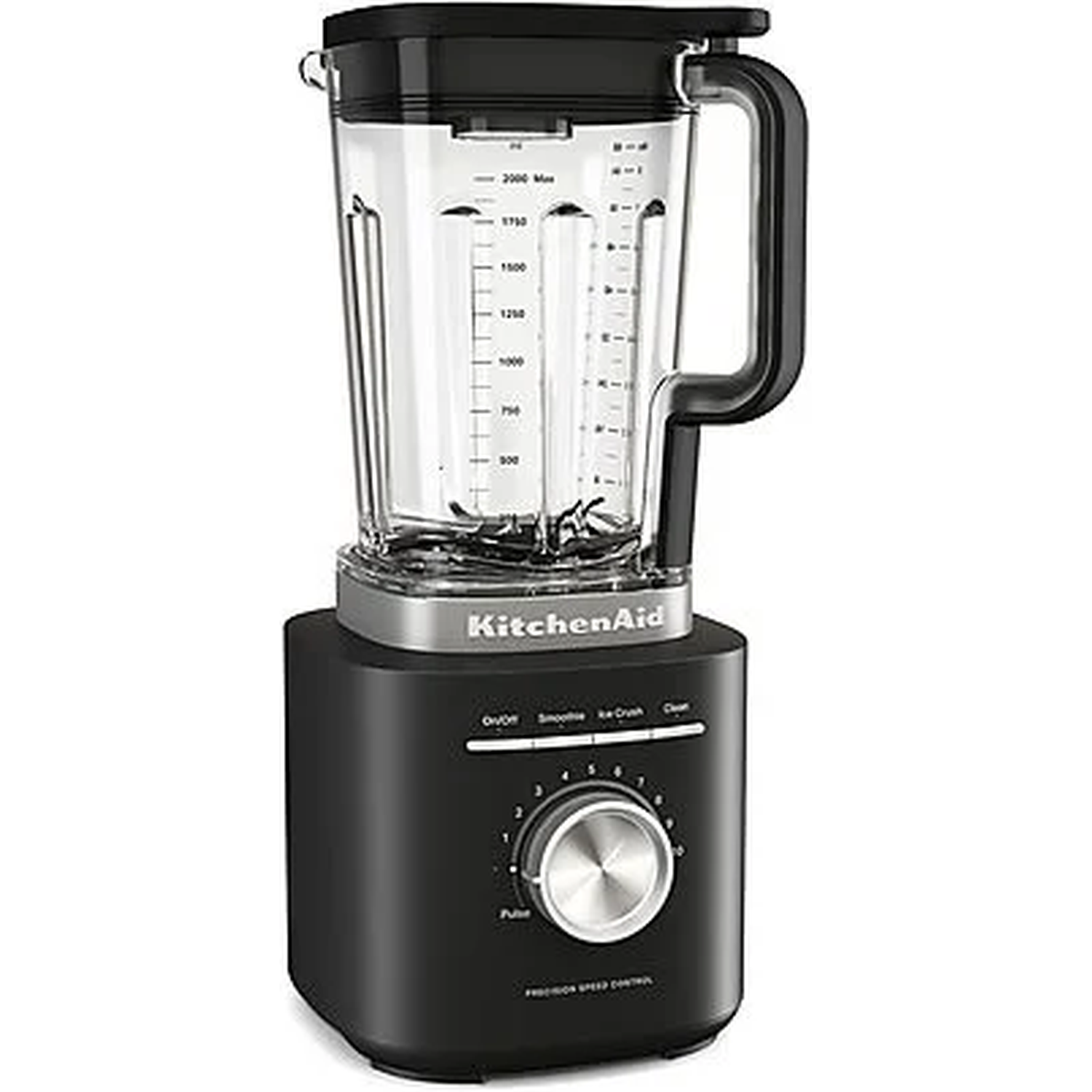 Black KitchenAid blender with glass jar and silver dial control.