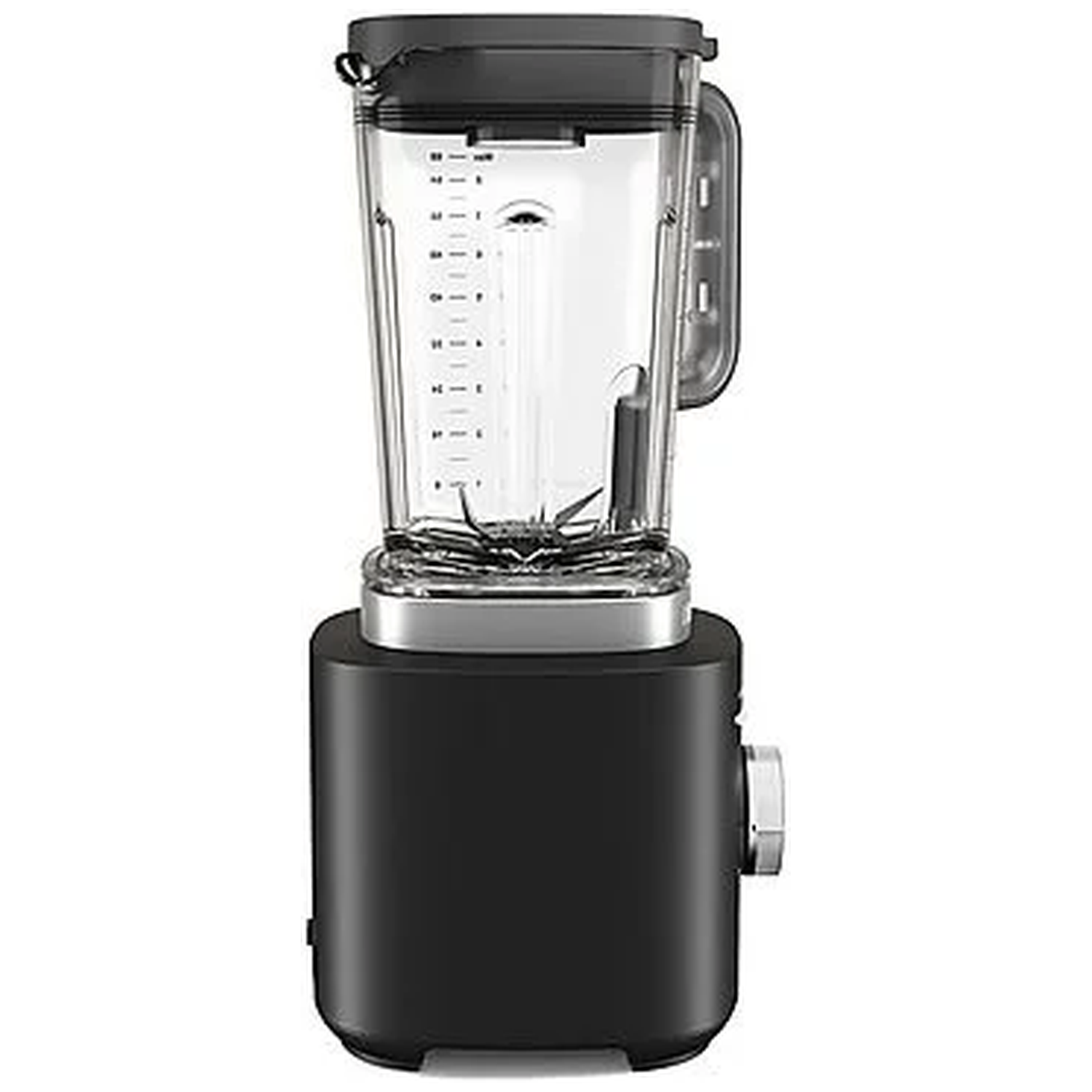 A black blender with a glass jar and a silver dial.