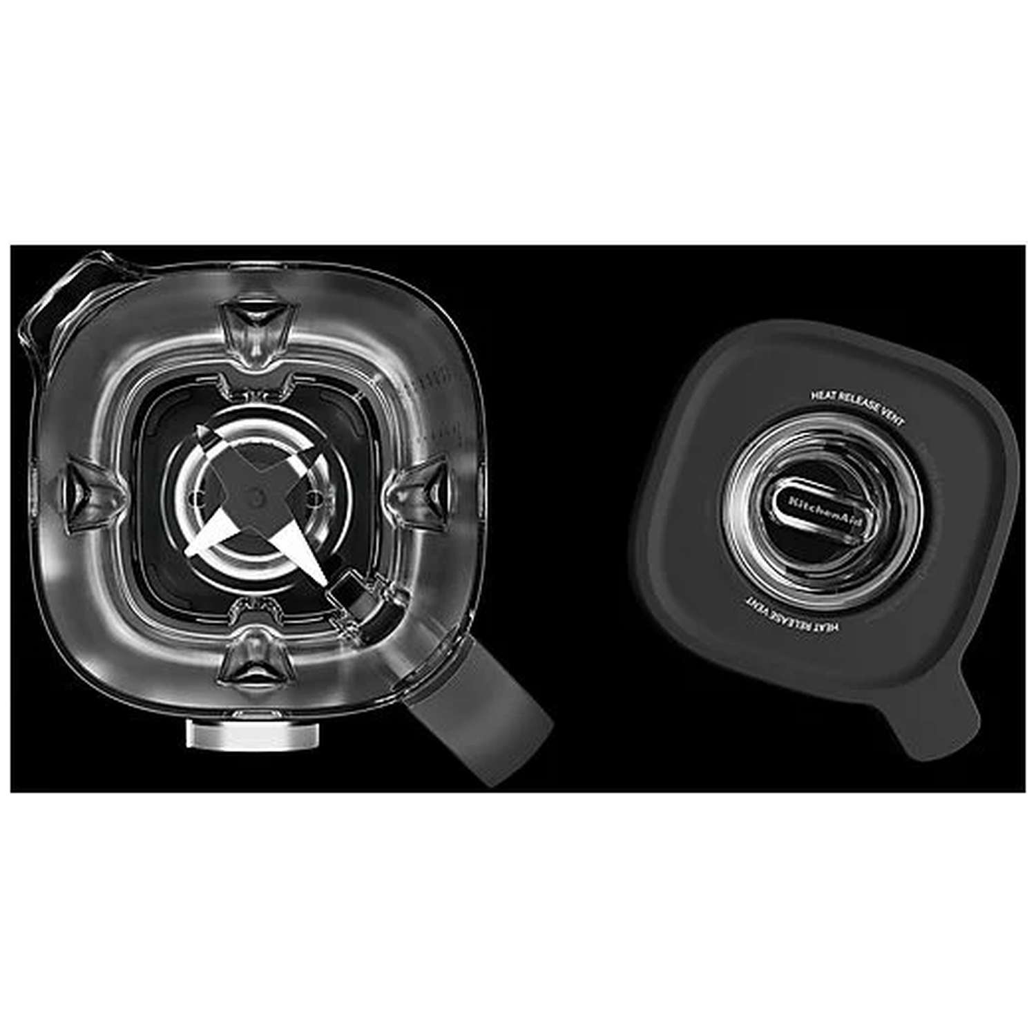 A clear blender jar and a black lid with a vent.