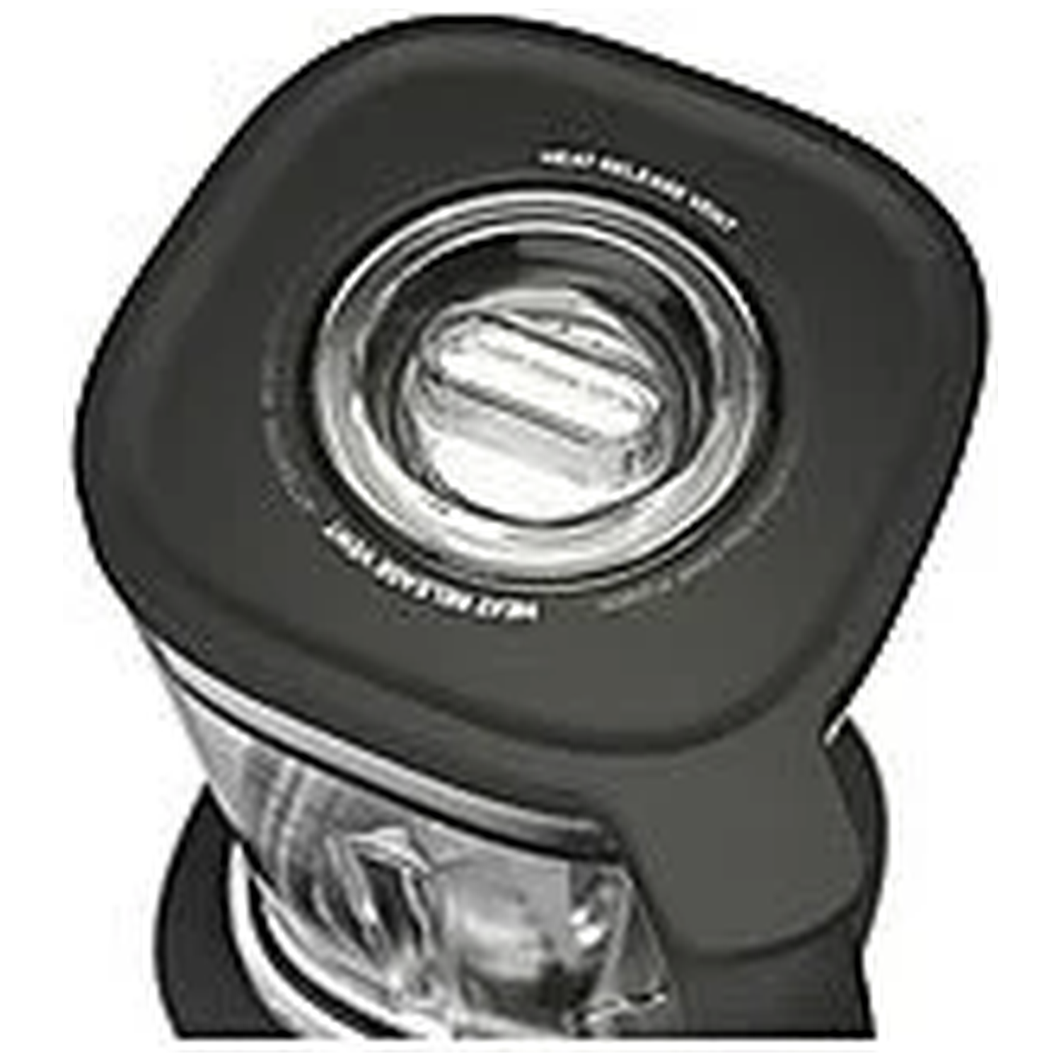 Close-up of a black blender lid with a clear heat release vent.