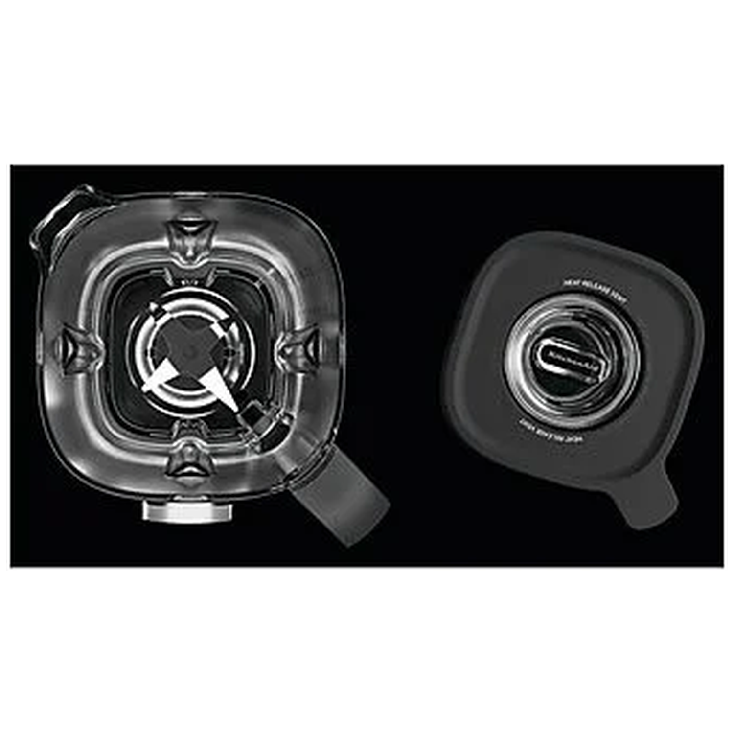 Clear blender jar and black lid on black background.