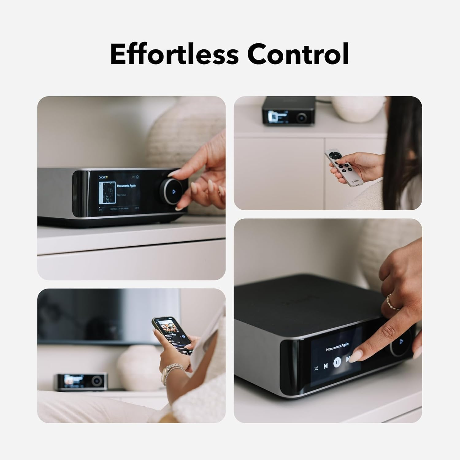 Bedienelemente für ein Audiosystem: Drehen, Fernbedienung, Smartphone und Gerät mit Touchscreen.