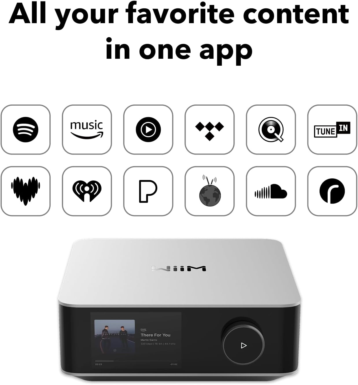 NiiM-Gerät zeigt Musik-App-Symbole und Songinfos. Text: All your favorite content in one app.