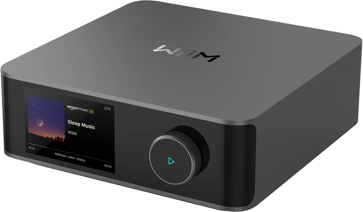 Grauer Musikstreamer mit Bildschirm, der 