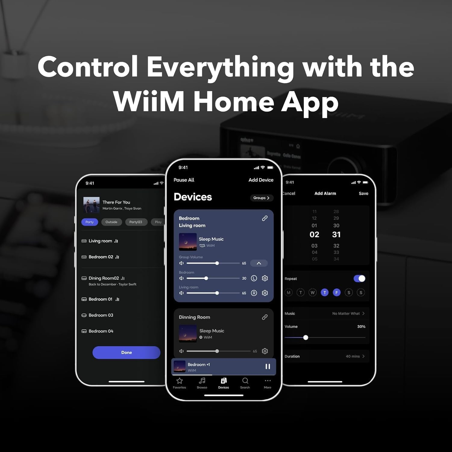WiiM Home App-Oberfläche auf Handys und ein schwarzes Musik-Streamer-Gerät.