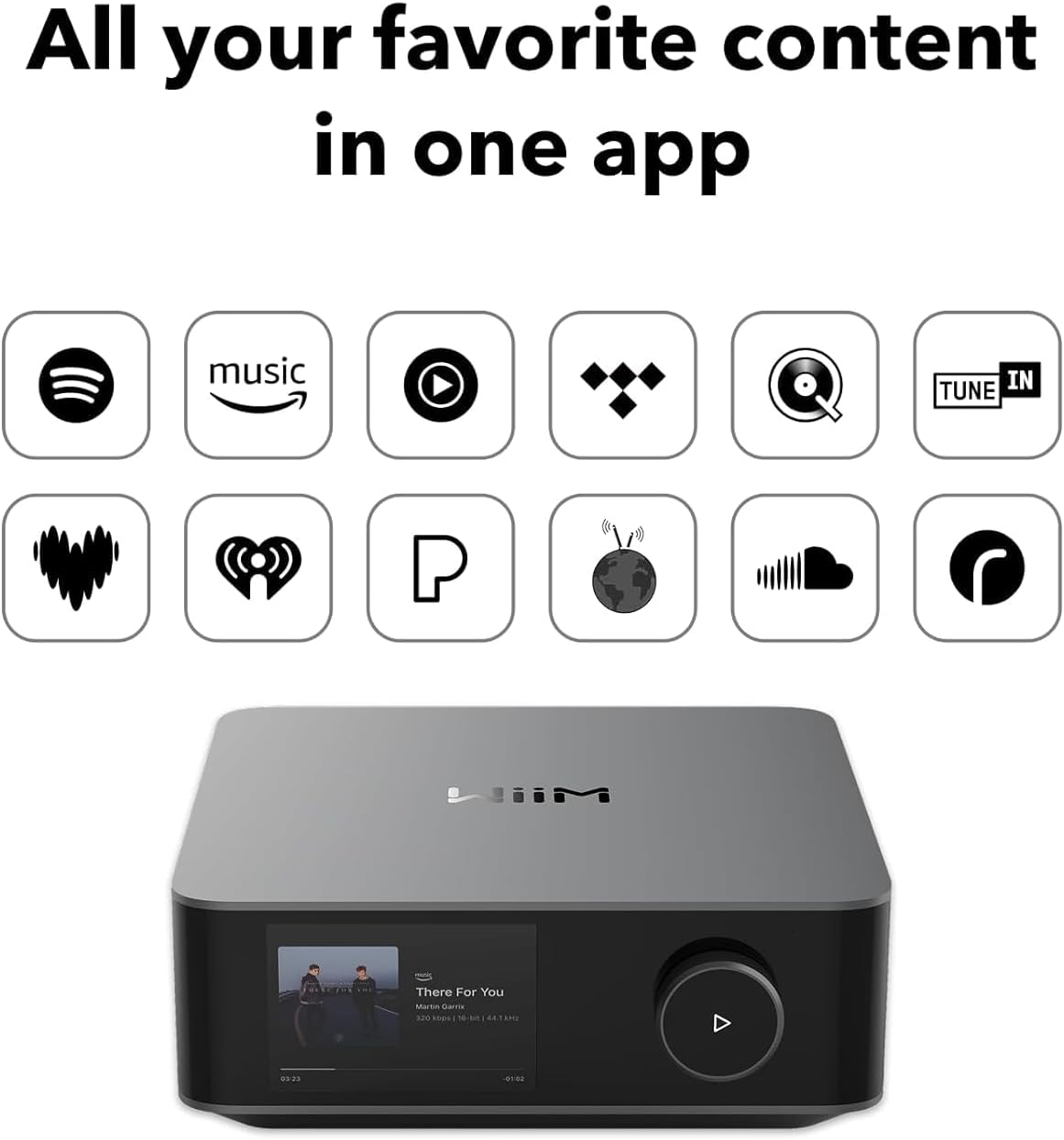 Graues Gerät mit Musik-App-Icons und Text "All your favorite content in one app".