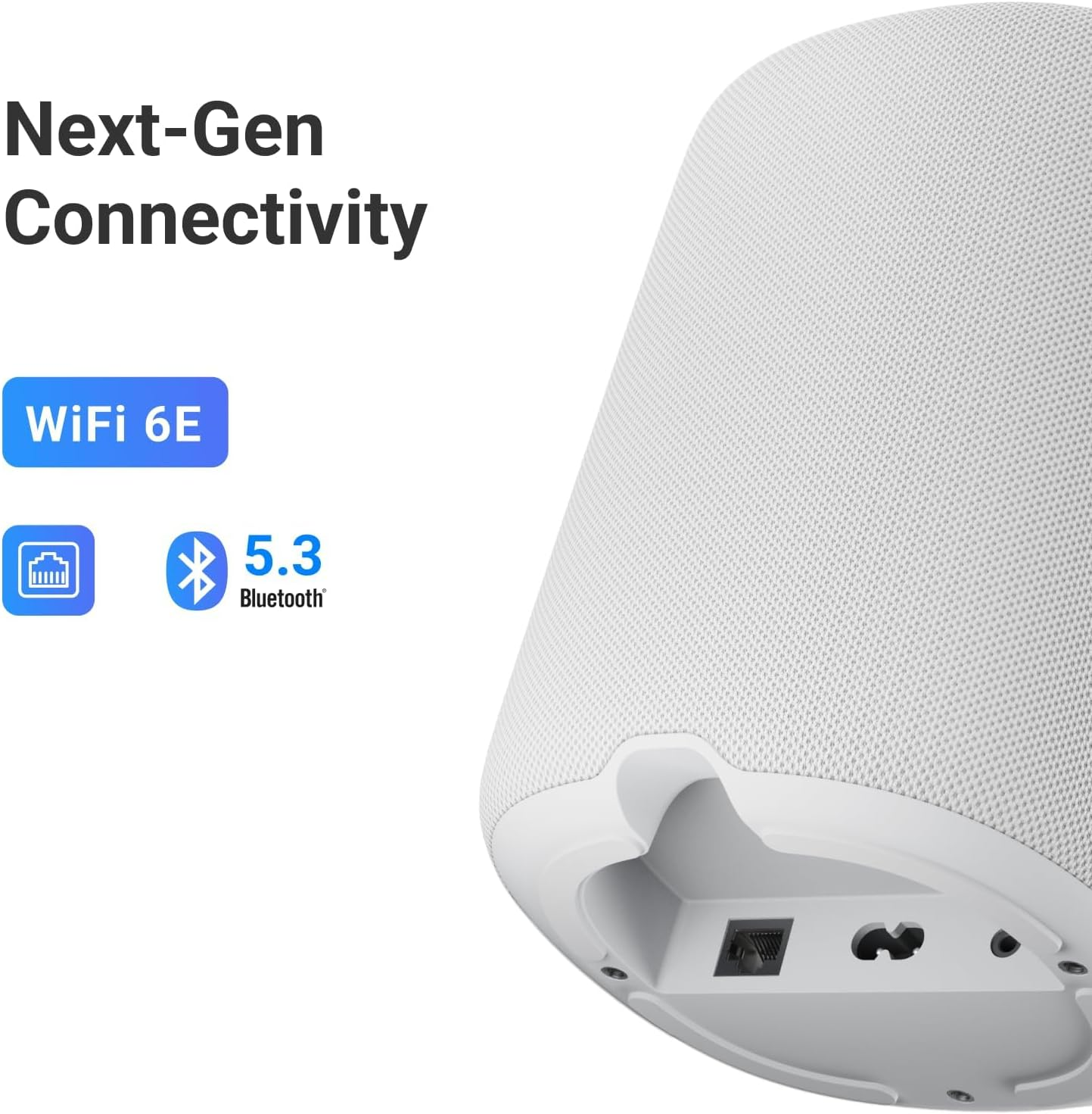 Weiße Lautsprecher mit Textur, WiFi 6E, Bluetooth 5.3 und Ethernet-Anschluss.