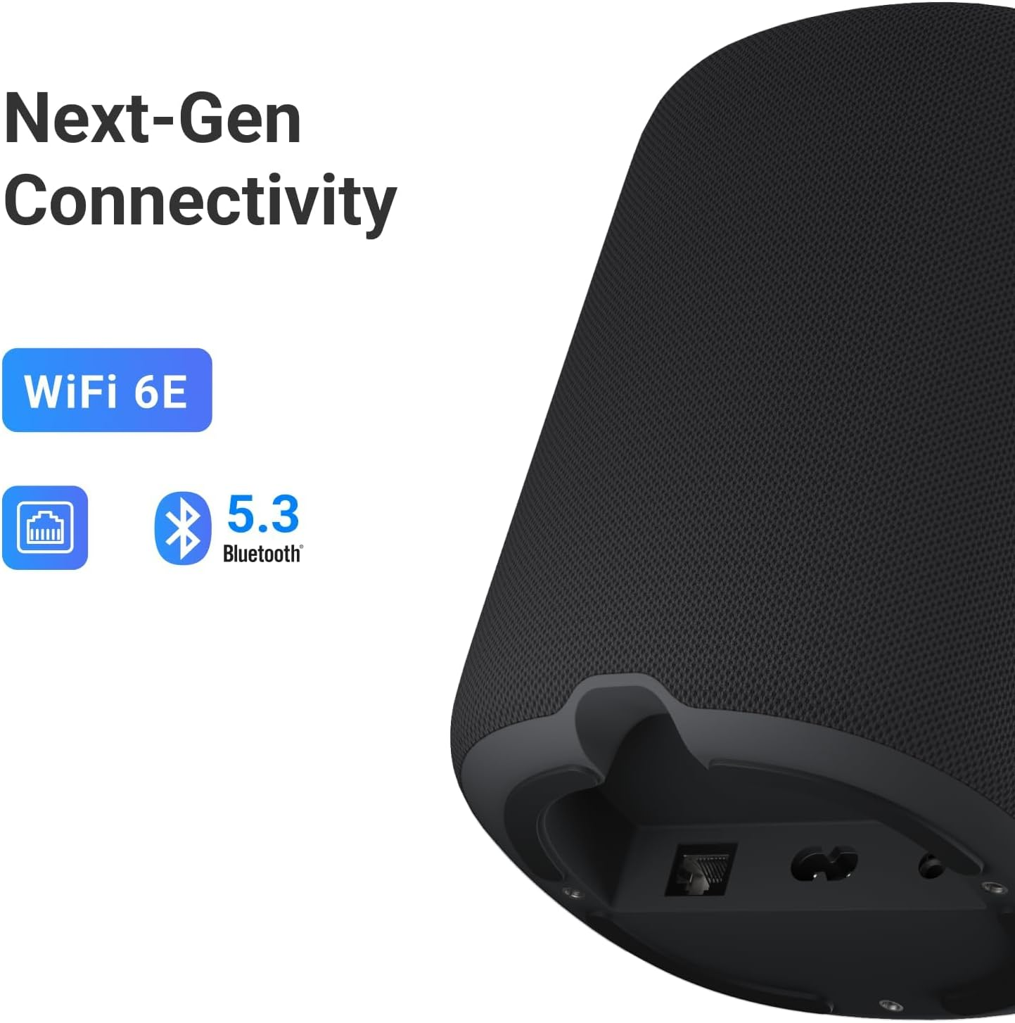 Schwarzer Lautsprecher mit WiFi 6E und Bluetooth 5.3 Symbolen. Text: Next-Gen Connectivity.