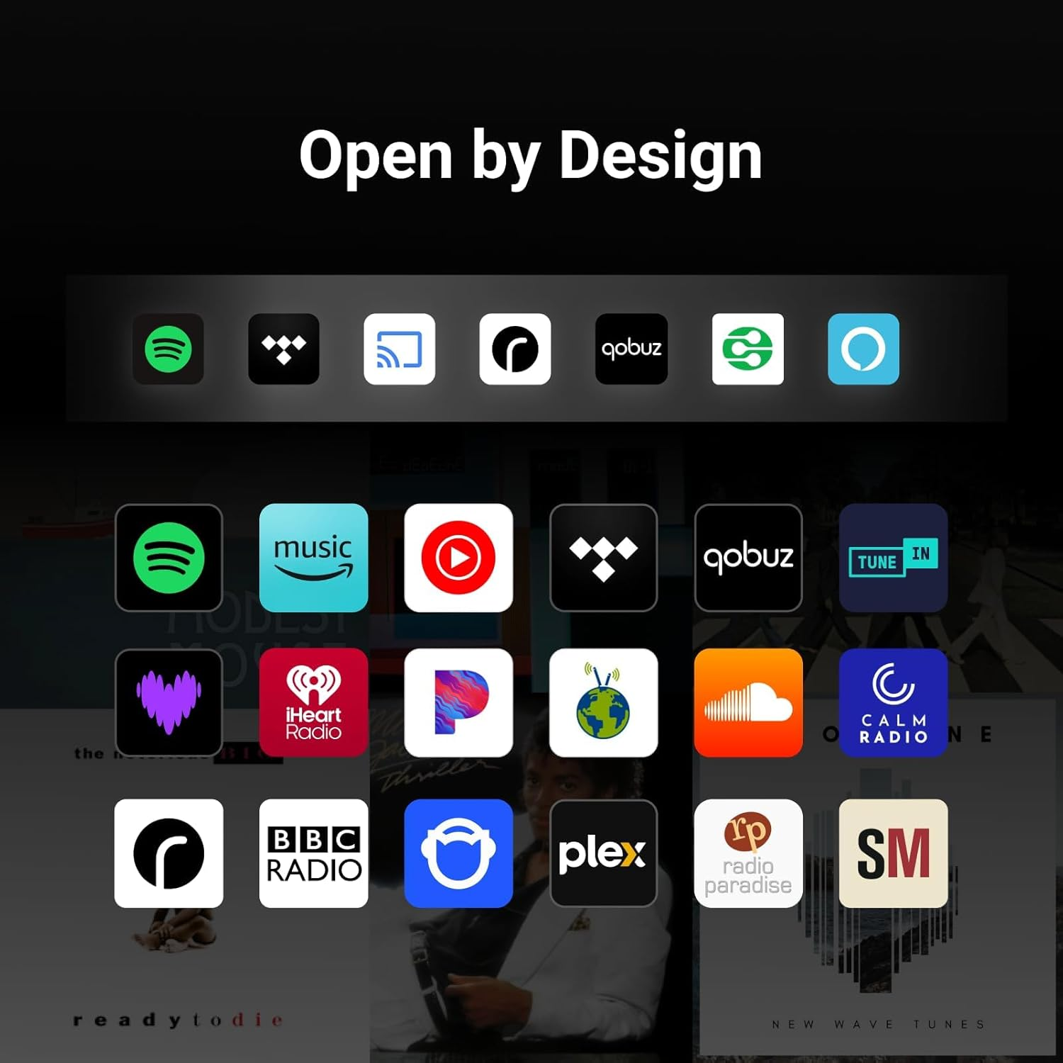 App-Icons für Musikdienste: Spotify, Tidal, Google Cast, Deezer, Qobuz, TuneIn, Calm Radio.