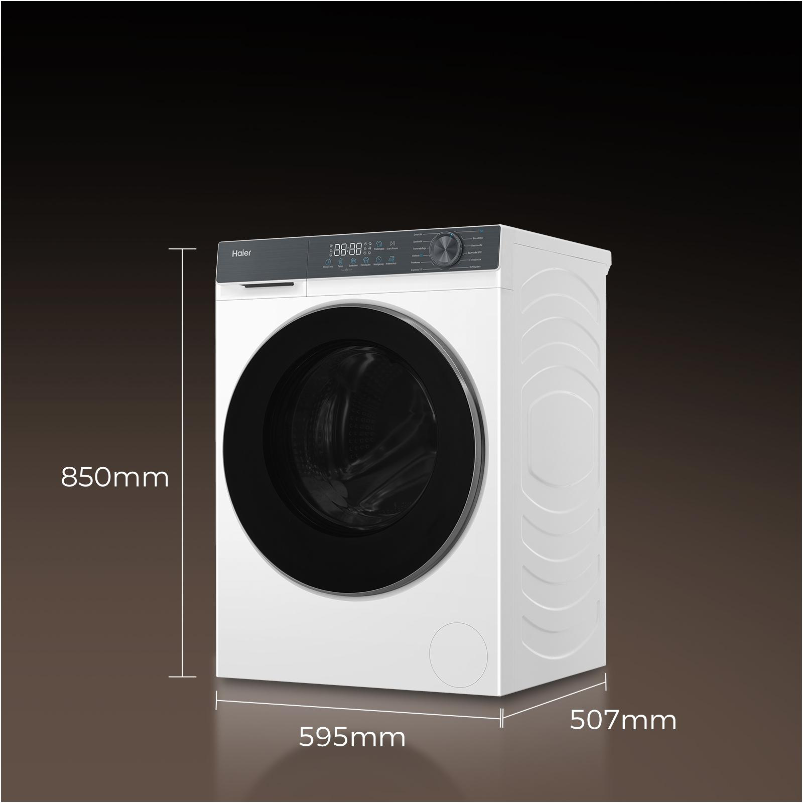 Weiße Haier Waschmaschine mit schwarzer Tür und Display. Maße: 850x595x507mm.