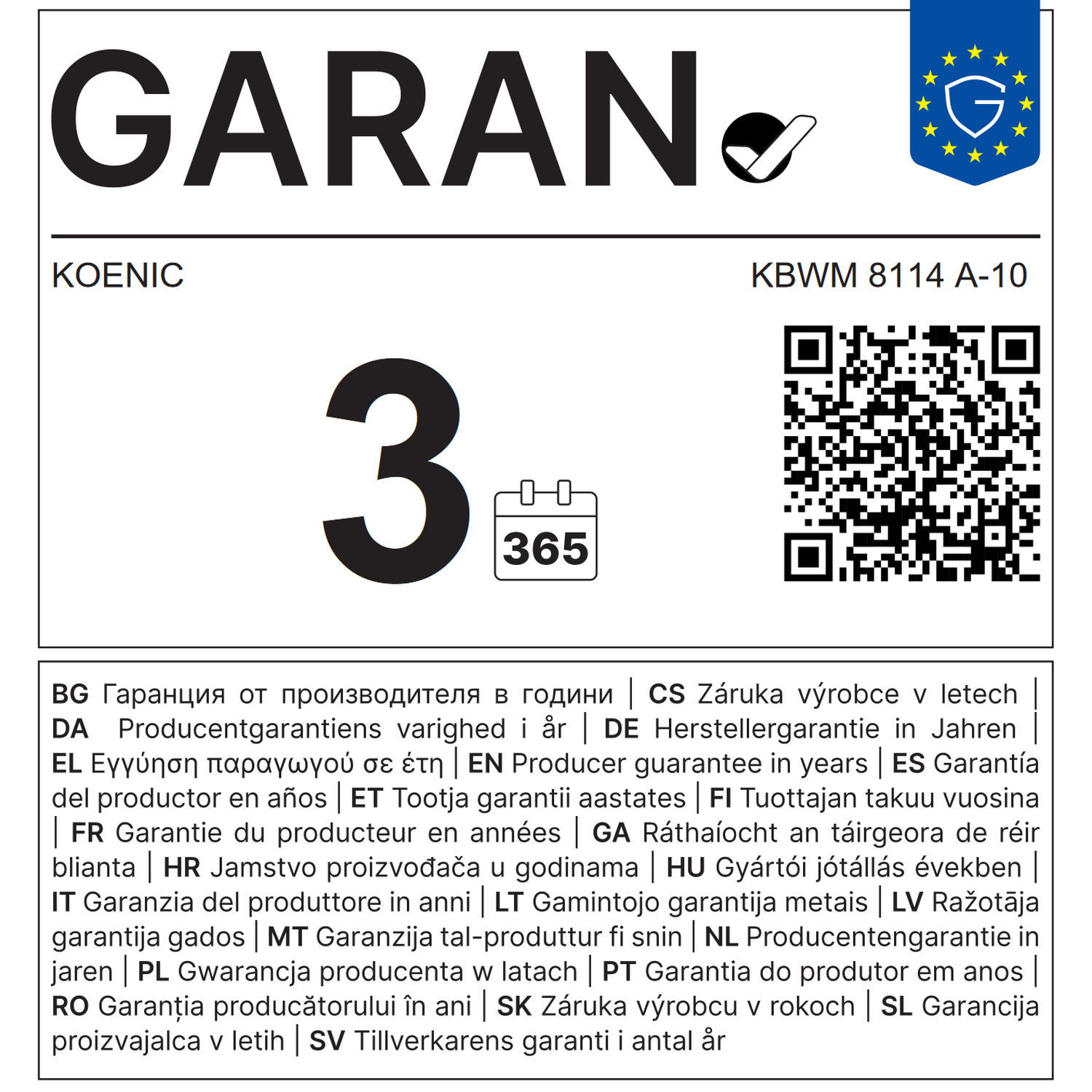 Info garanzia: KOENIC, 3 anni, 365 giorni. QR code e bandiera UE.