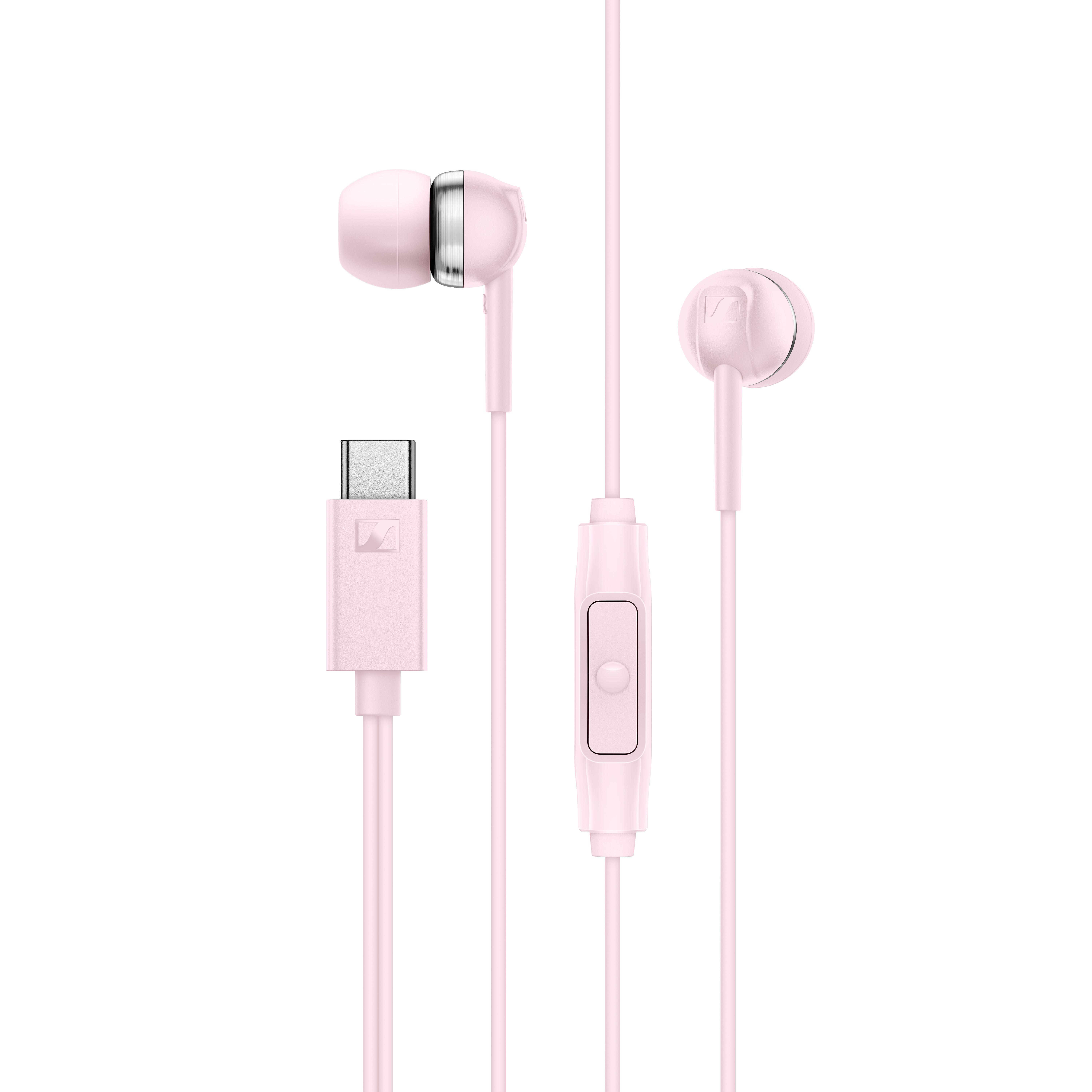 Rosa In-Ear-Kopfhörer mit USB-C-Anschluss und Inline-Fernbedienung.