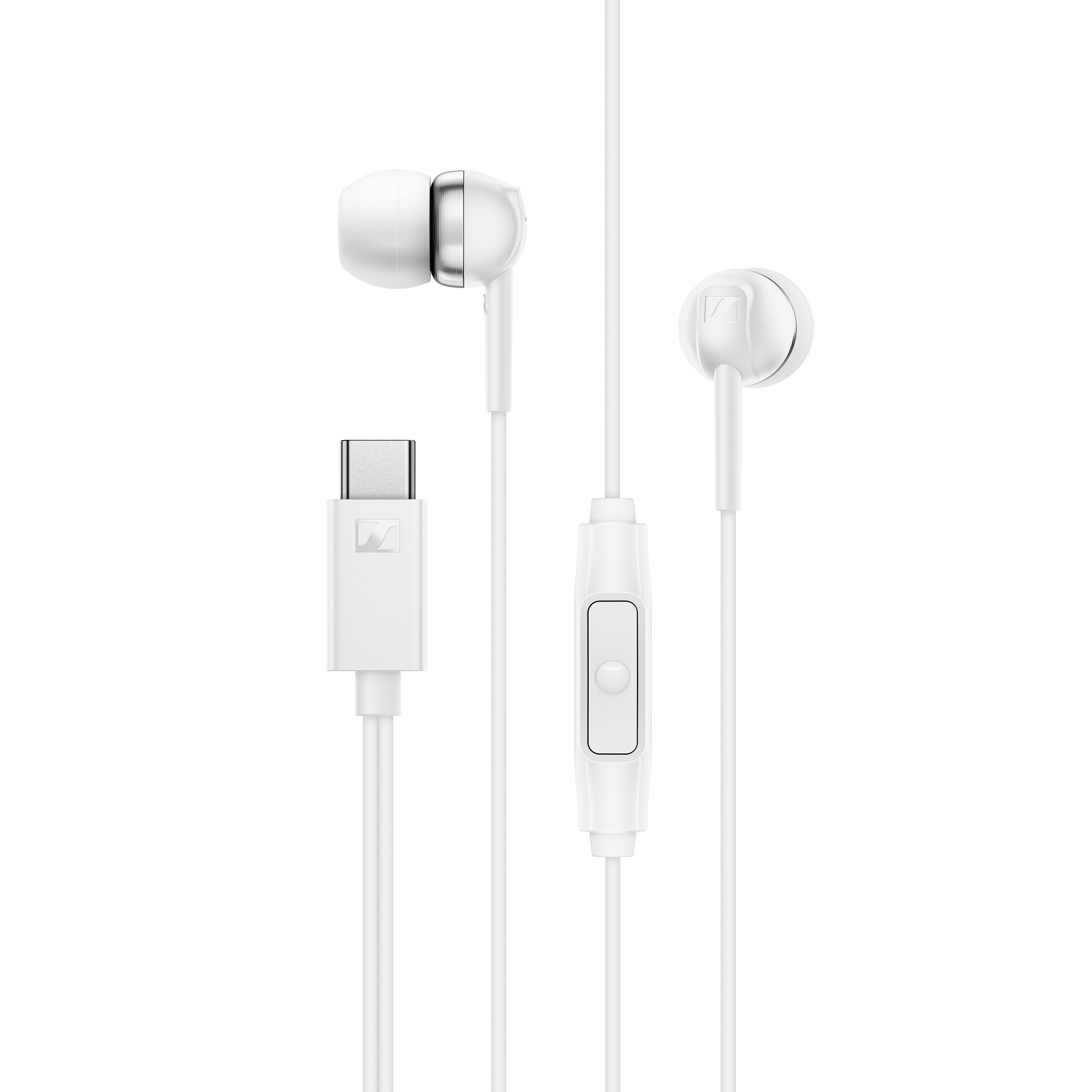 Weiße In-Ear-Kopfhörer mit USB-C-Anschluss und Inline-Fernbedienung.