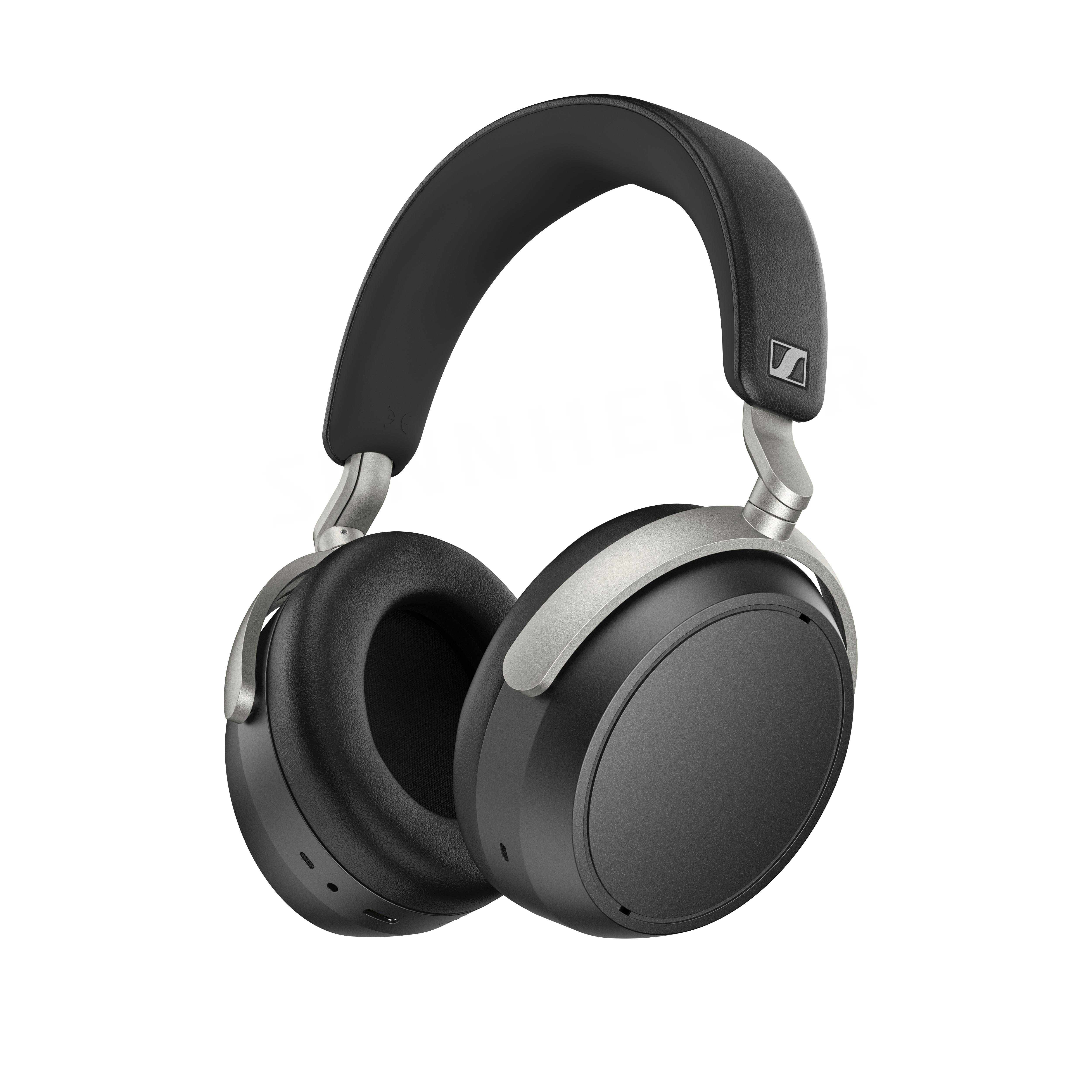 Schwarze Over-Ear-Kopfhörer mit silbernen Akzenten und einem gepolsterten Kopfbügel.