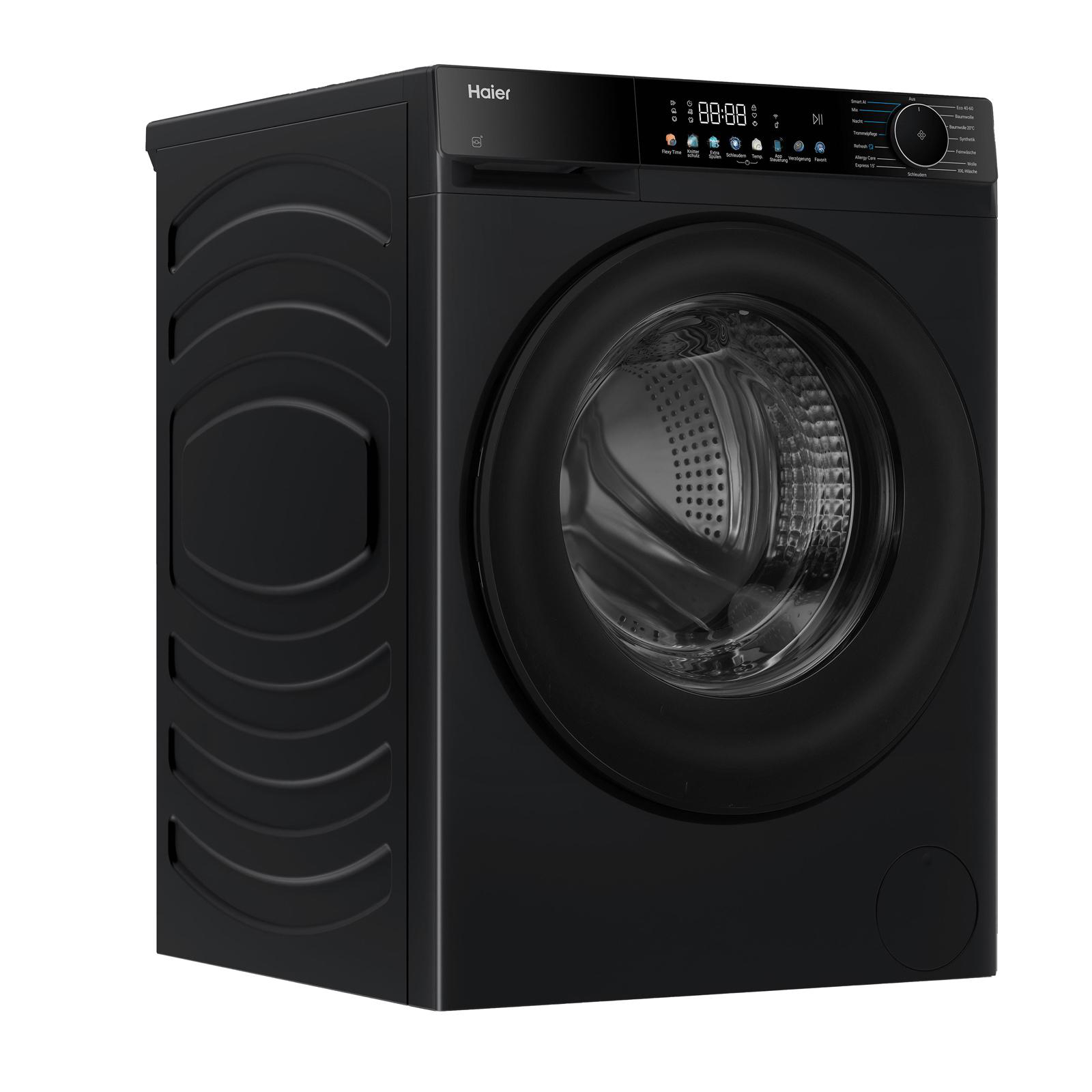Schwarze Haier Waschmaschine mit digitaler Anzeige und runder Tür.