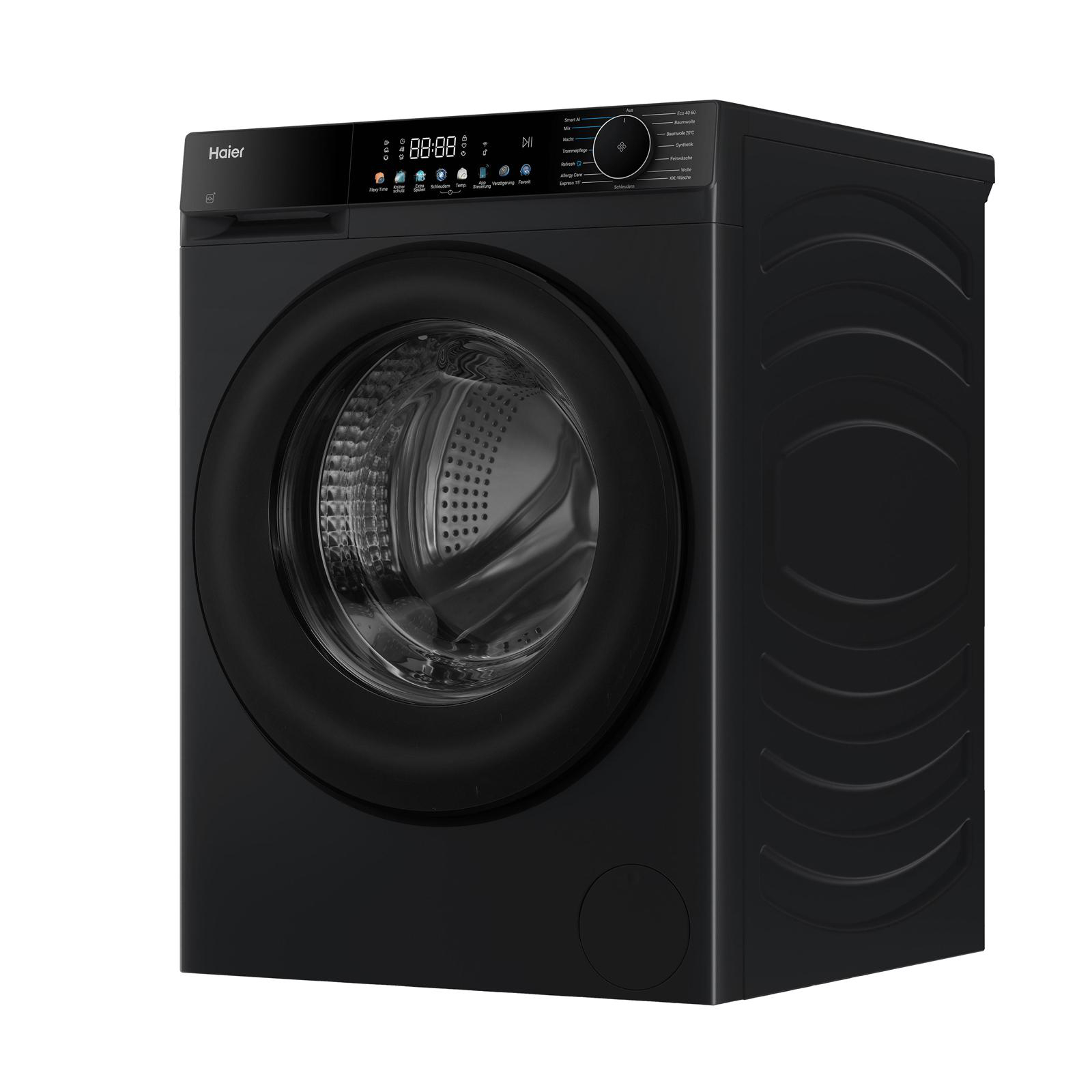 Schwarze Haier Waschmaschine mit digitaler Anzeige und Programmauswahl.
