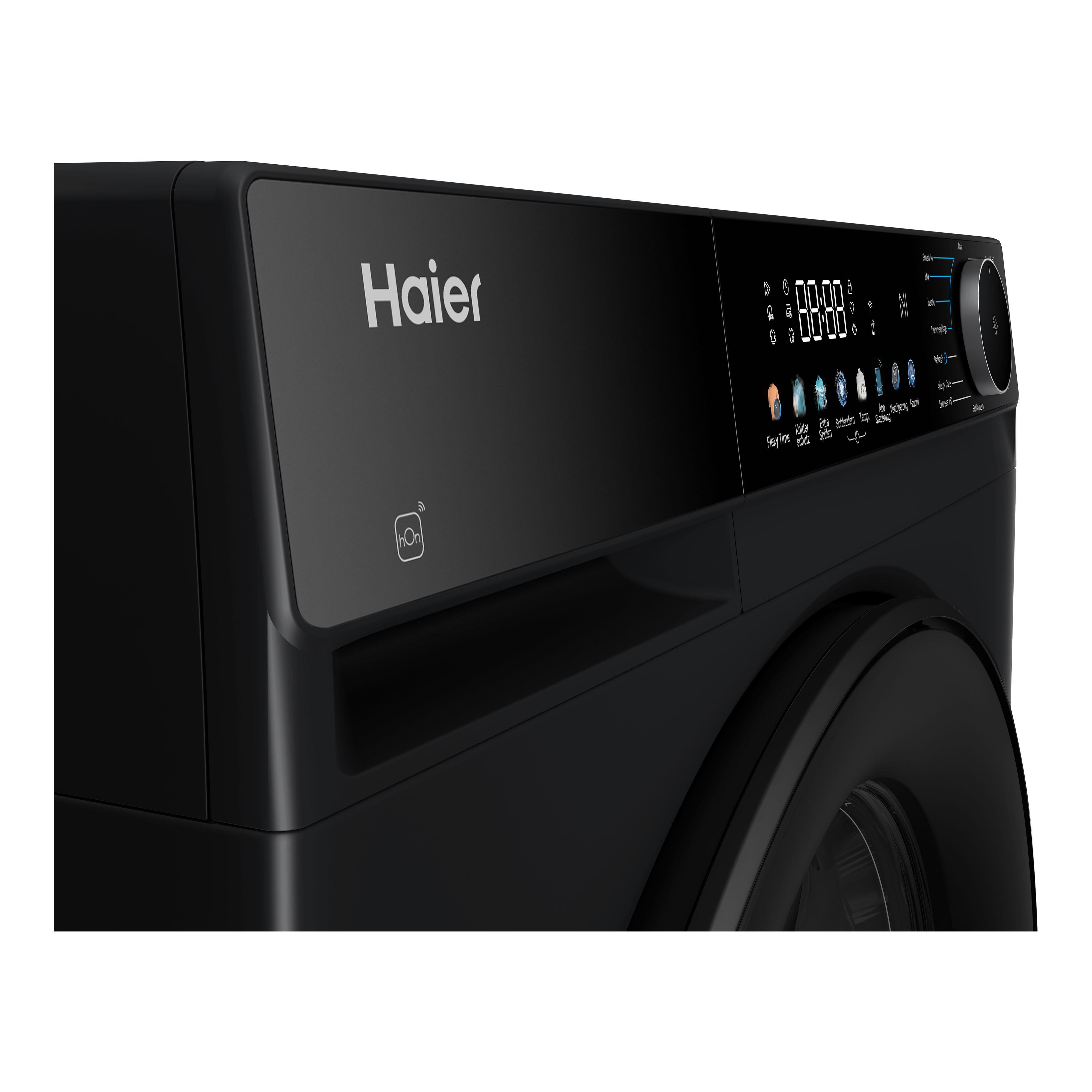 Schwarze Haier Waschmaschine mit digitalem Display und Bedienelementen.