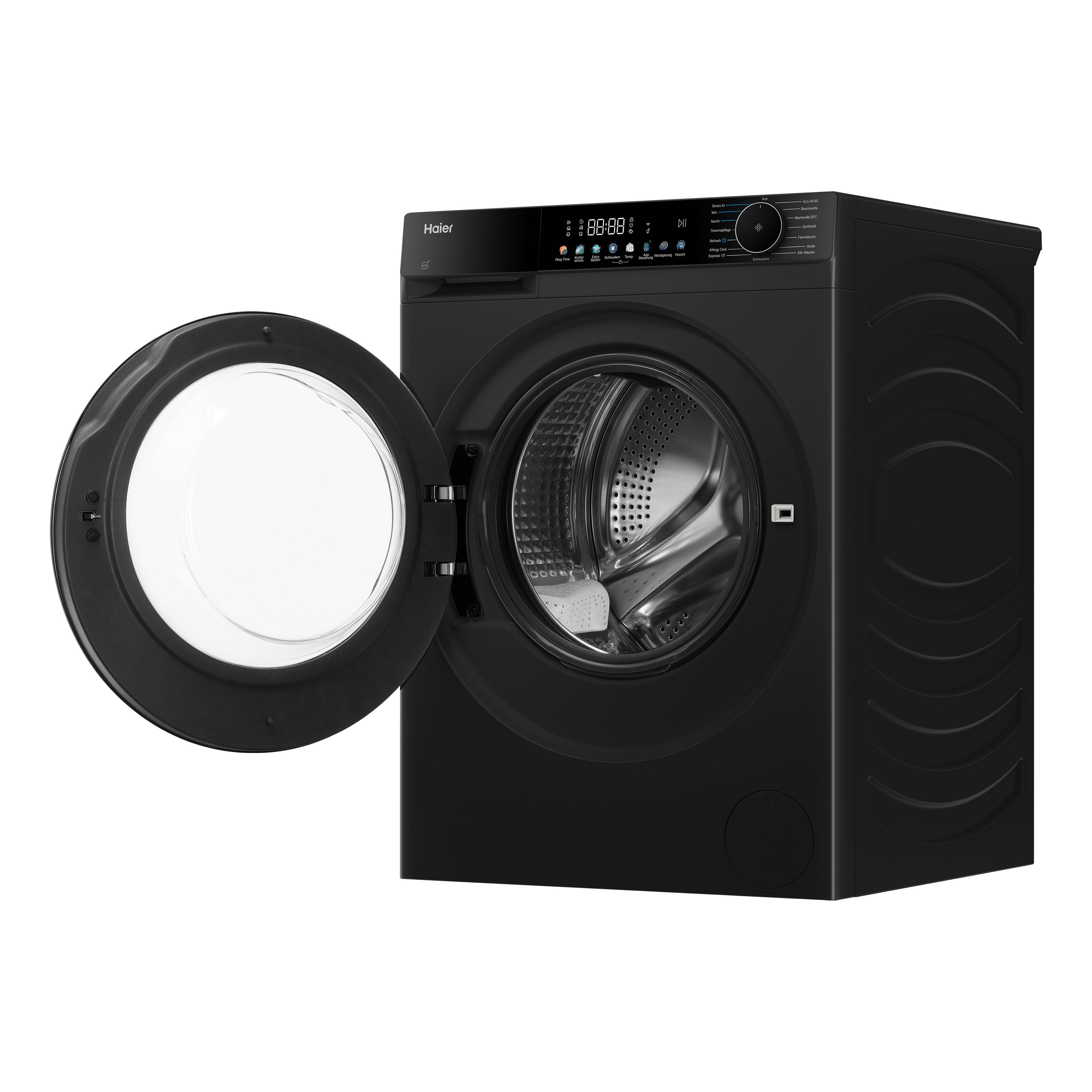 Schwarze Haier Waschmaschine mit offener Tür und Bedienfeld.