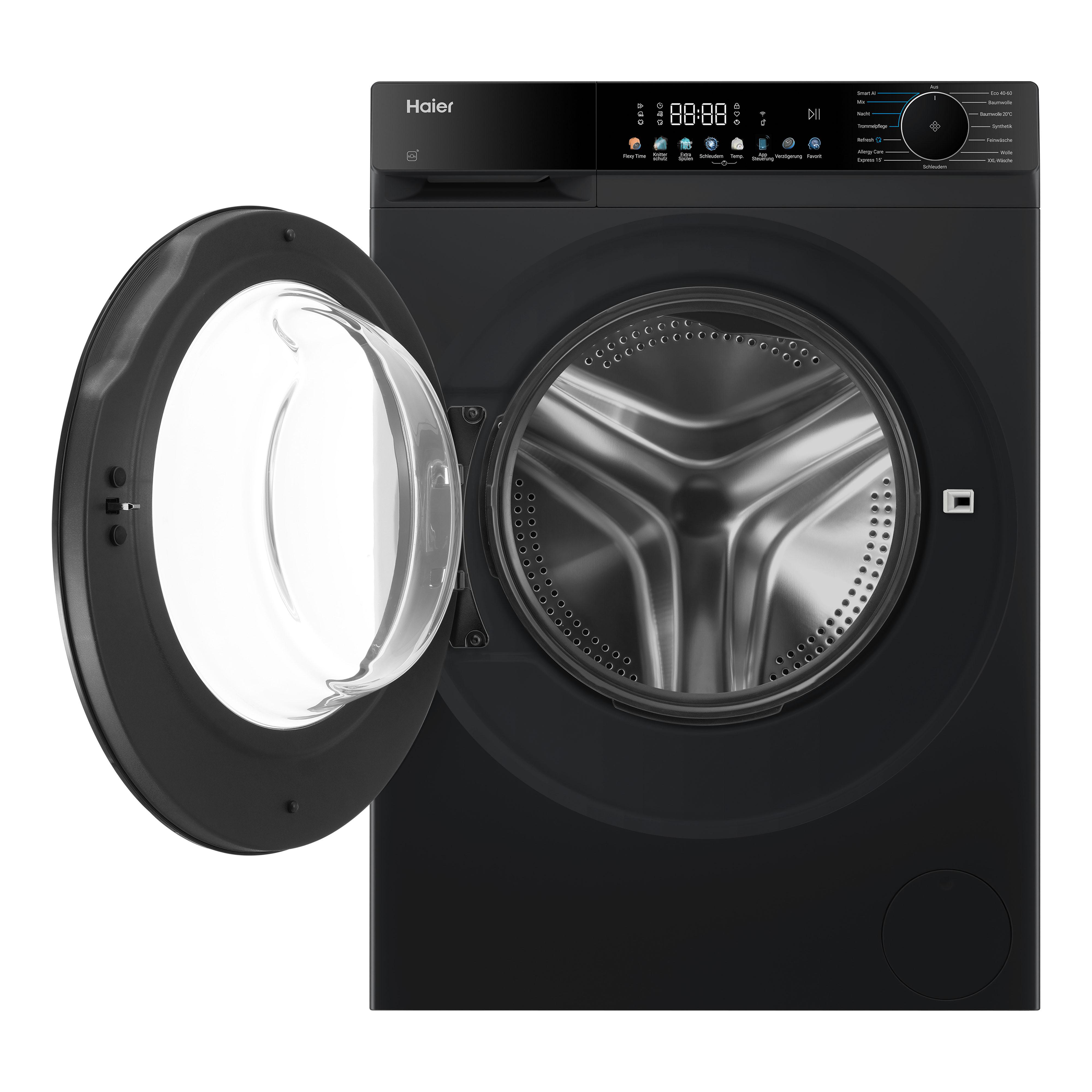 Schwarze Haier Waschmaschine mit offener Tür und digitaler Anzeige.