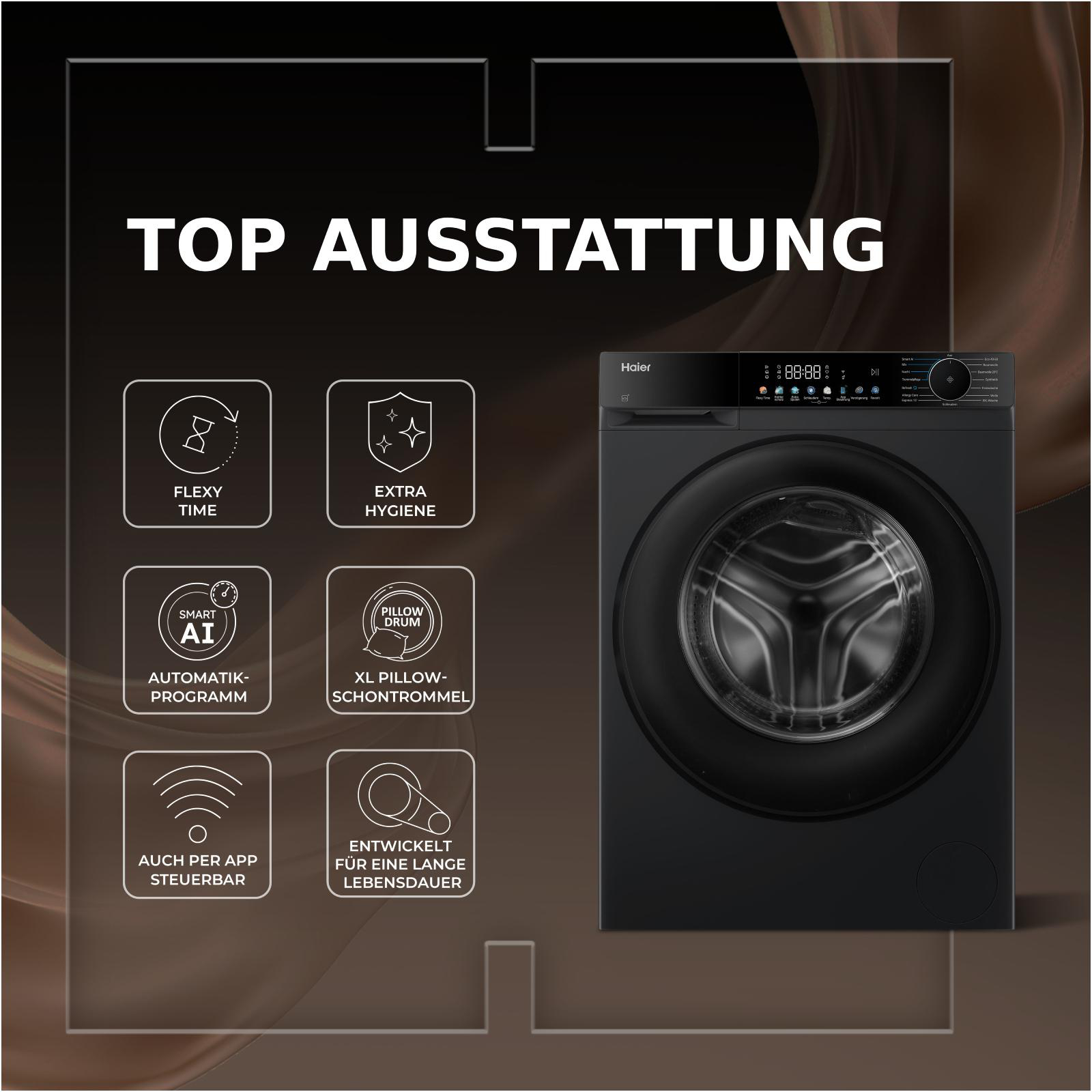 Schwarze Haier Waschmaschine mit Bedienfeld und Icons für Funktionen wie Flexy Time.