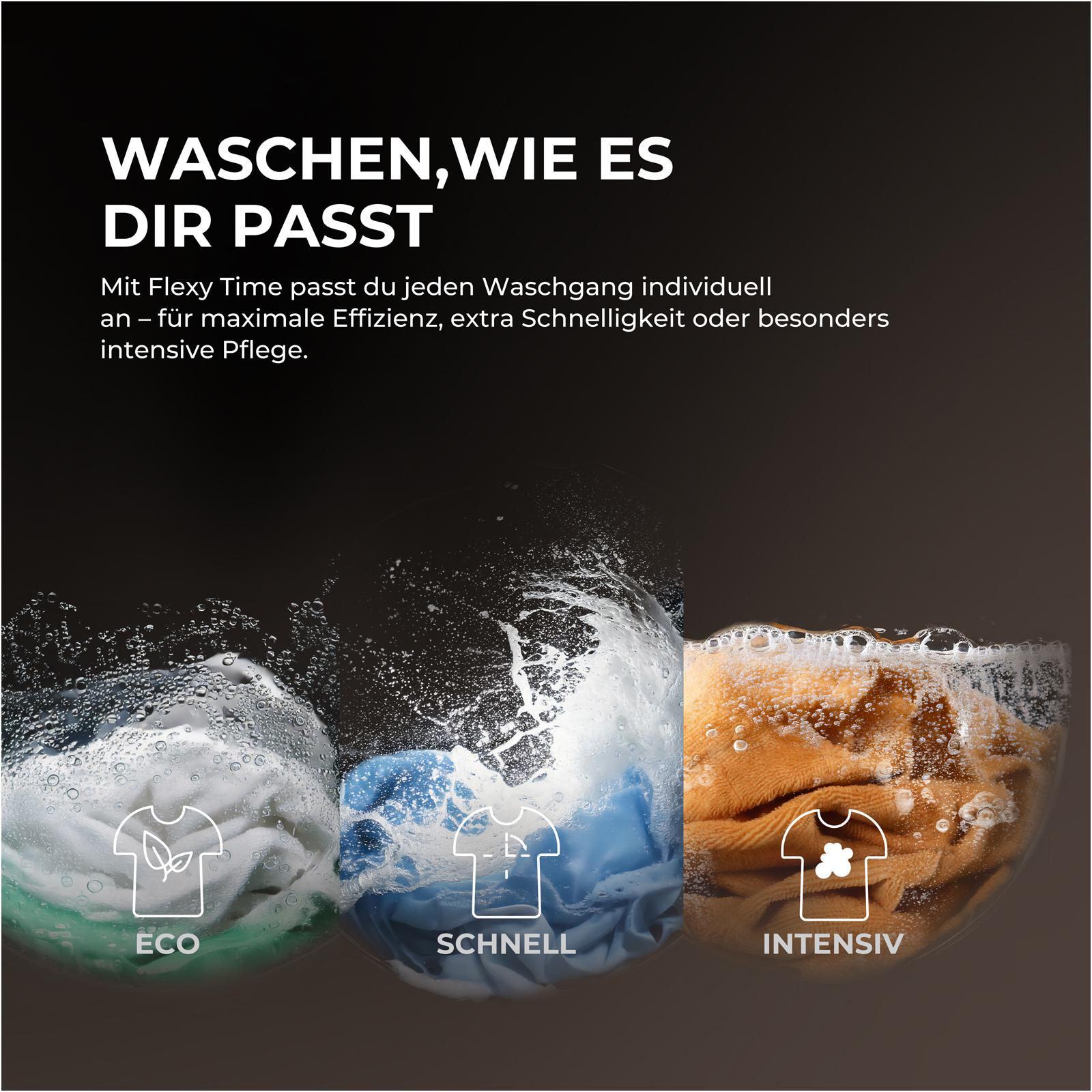 Drei Waschgänge: Öko, Schnell und Intensiv, mit Kleidung in Wasser.