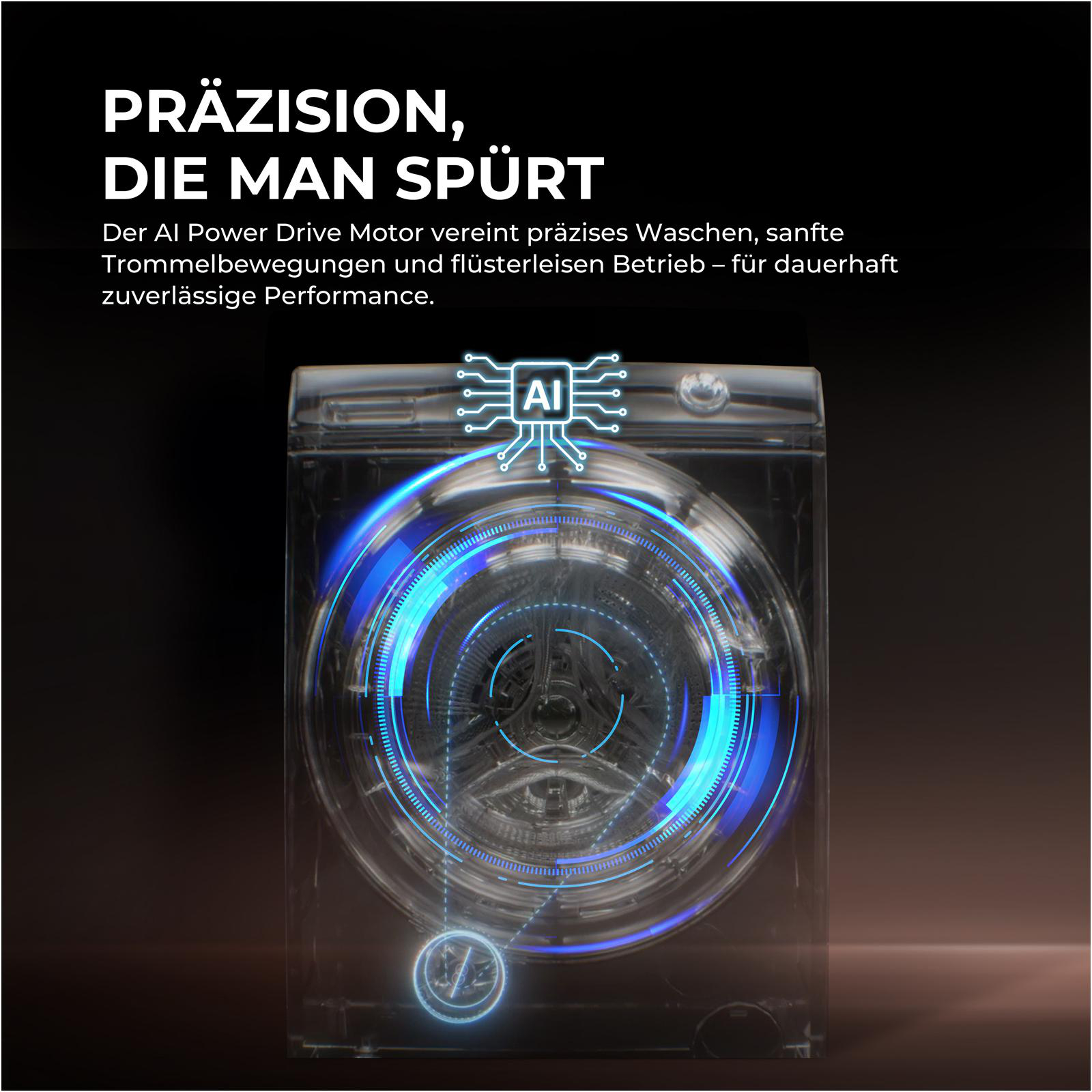 Waschmaschine mit AI-Symbol und blauen Lichteffekten. Präzision spürbar.
