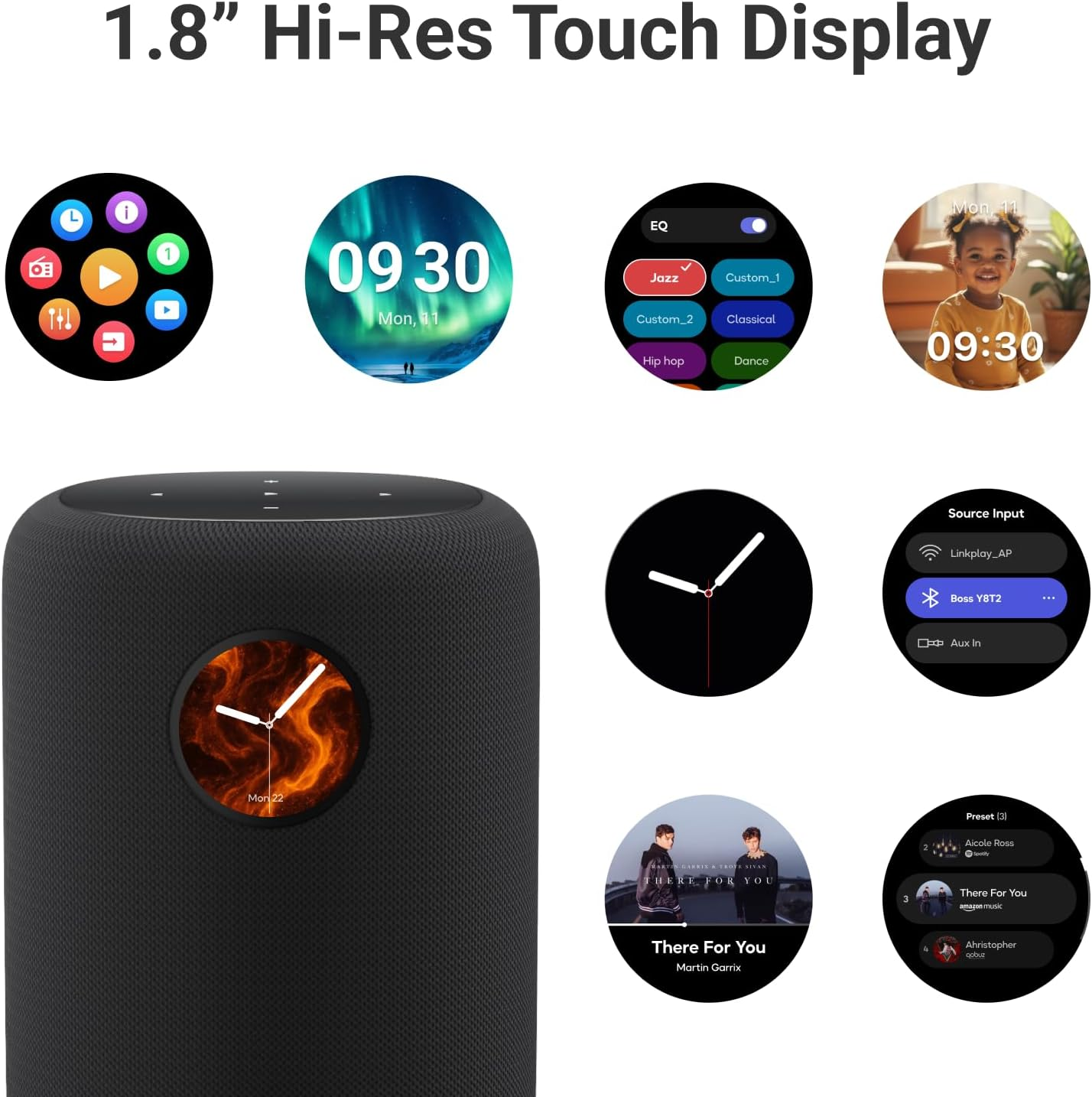 Un haut-parleur noir avec plusieurs écrans ronds affichant des applications, des horloges et de la musique.