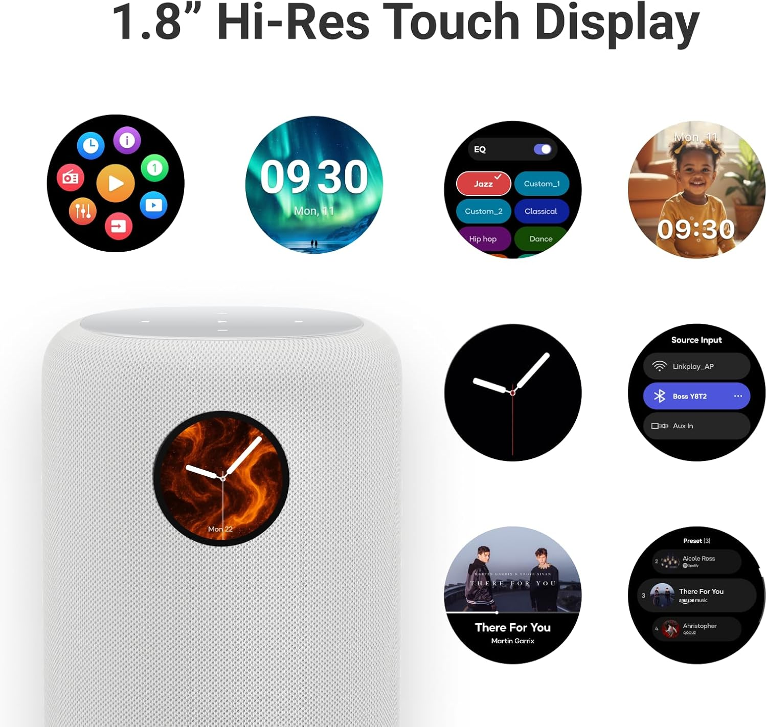 Une unité d'enceinte blanche avec plusieurs écrans circulaires affichant des horloges, des applications musicales et une heure.