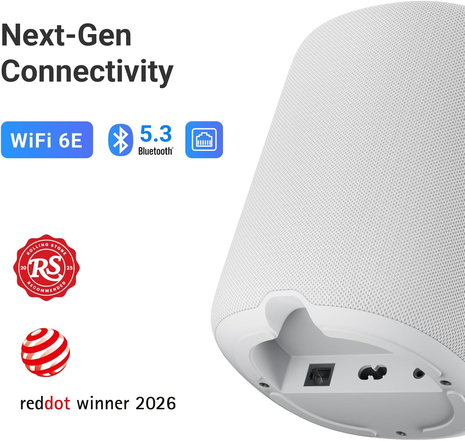 Appareil avec WiFi 6E, Bluetooth 5.3, Ethernet. Prix Rolling Stone et Red Dot.