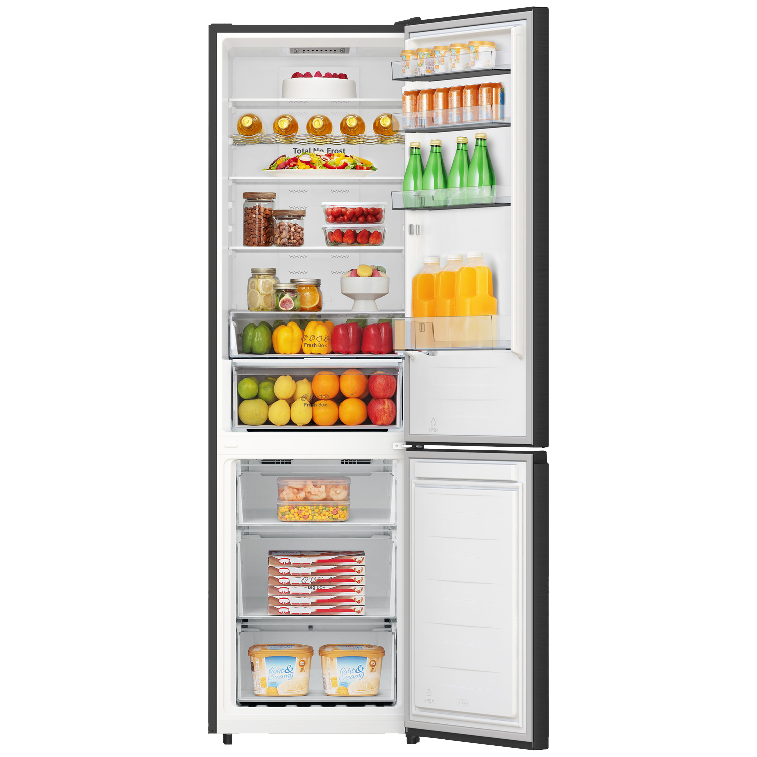 Open koelkast met voedsel: cake, fruit, drankjes, groenten en ijs.