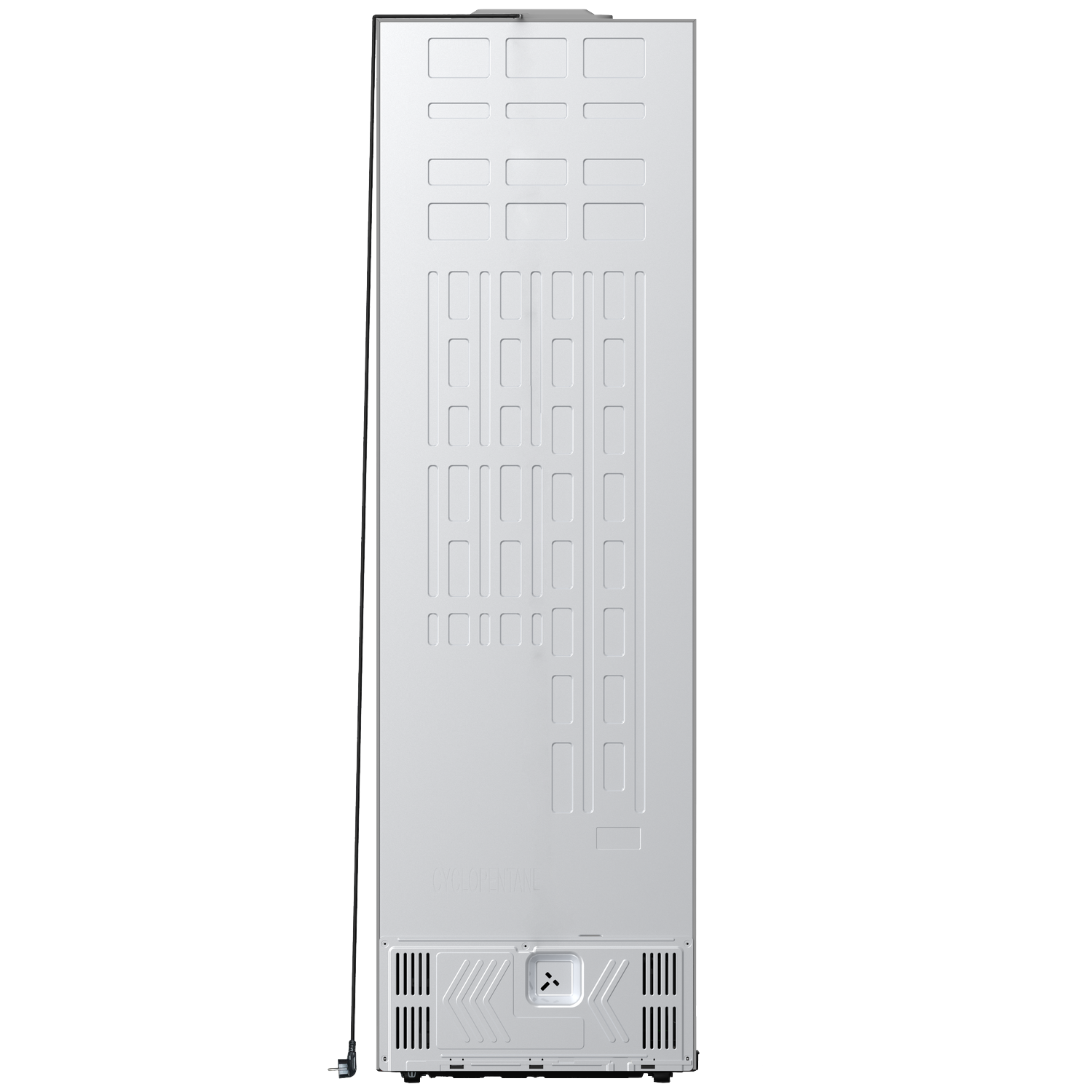 Achterkant van een witte koelkast met ventilatieopeningen en een snoer.