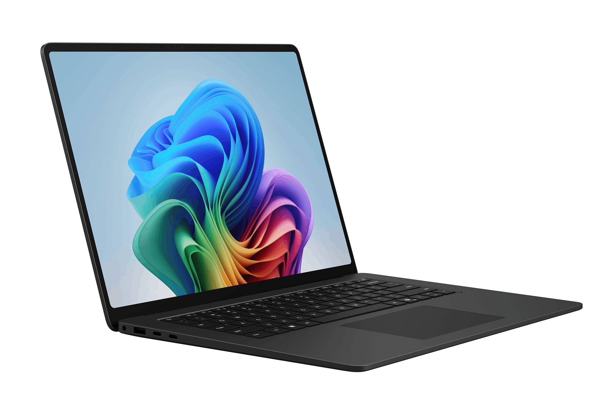 Un portátil negro abierto muestra un fondo de pantalla colorido en su pantalla.