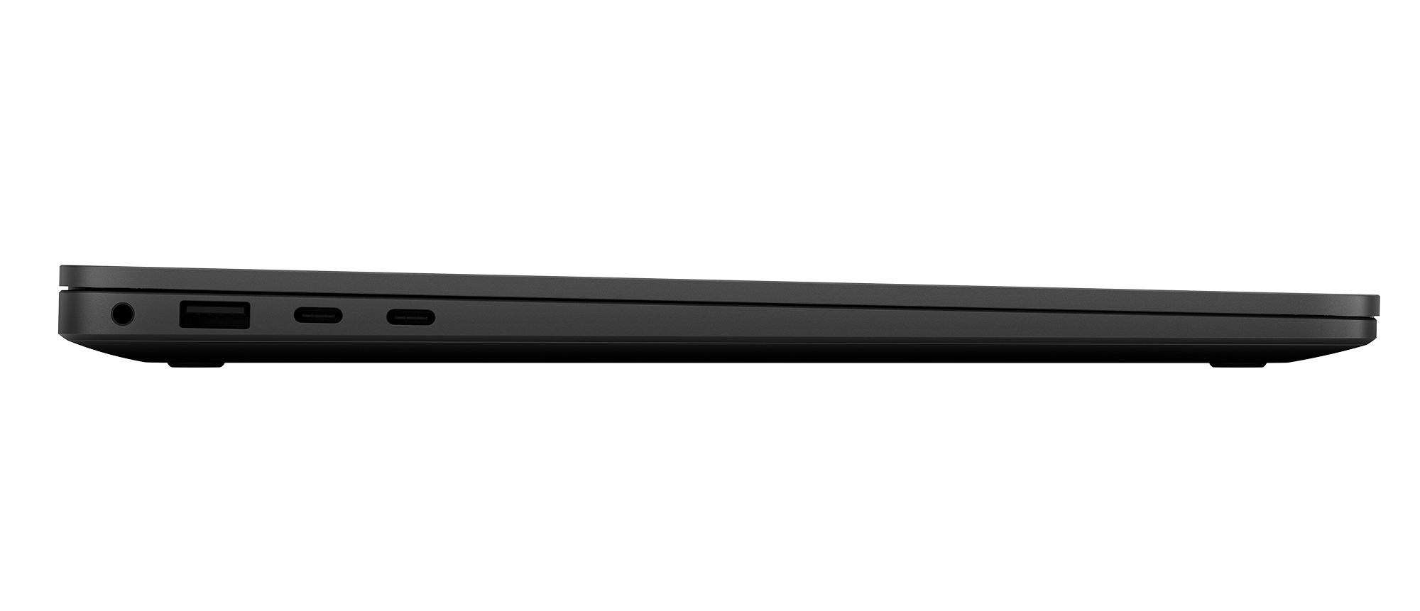 Vista lateral de un portátil oscuro con puertos: jack audio, USB-A, dos USB-C.