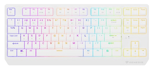 Biała klawiatura gamingowa z podświetleniem RGB i kolorowymi klawiszami.