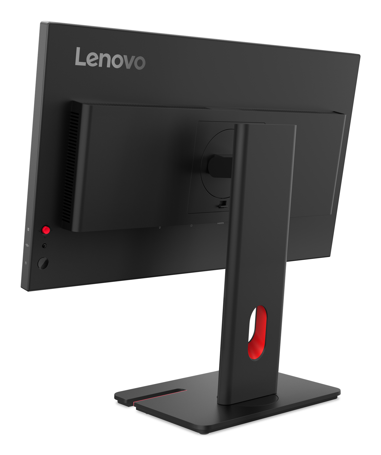 Tył czarnego monitora Lenovo z portem HDMI i czerwonym akcentem.