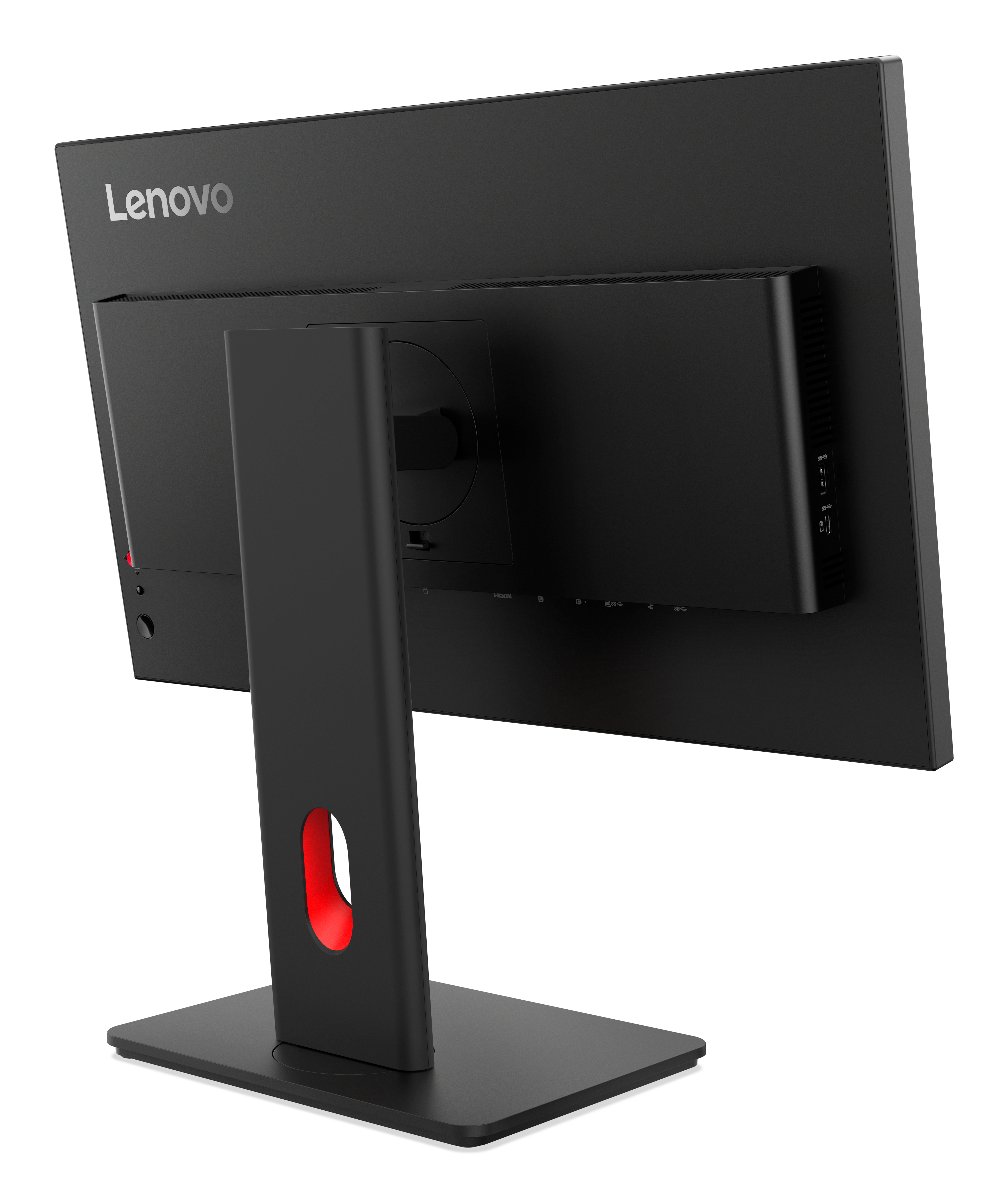 Tył czarnego monitora Lenovo z czerwonym akcentem na podstawie.