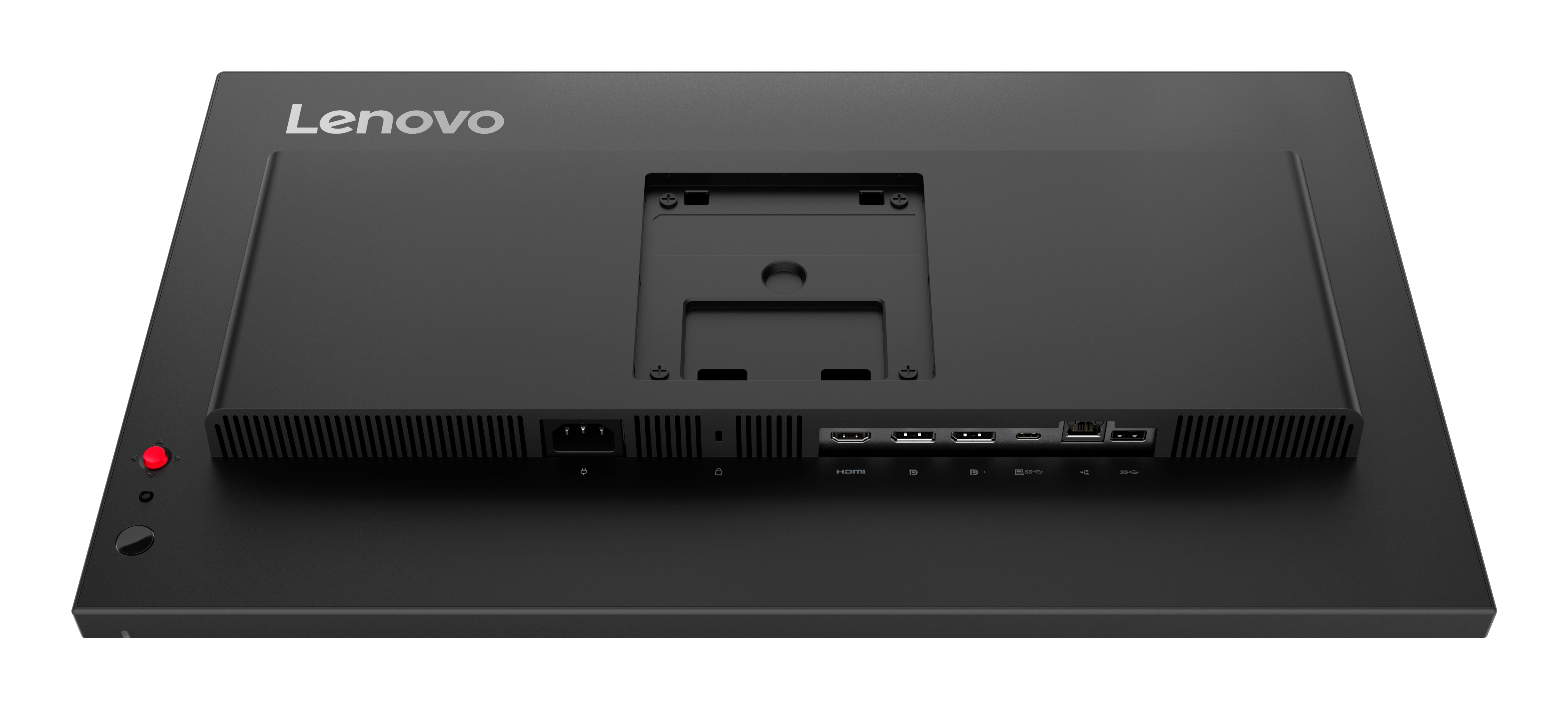 Tył czarnego monitora Lenovo z portami: HDMI, USB-C, USB-A, Ethernet i zasilania.