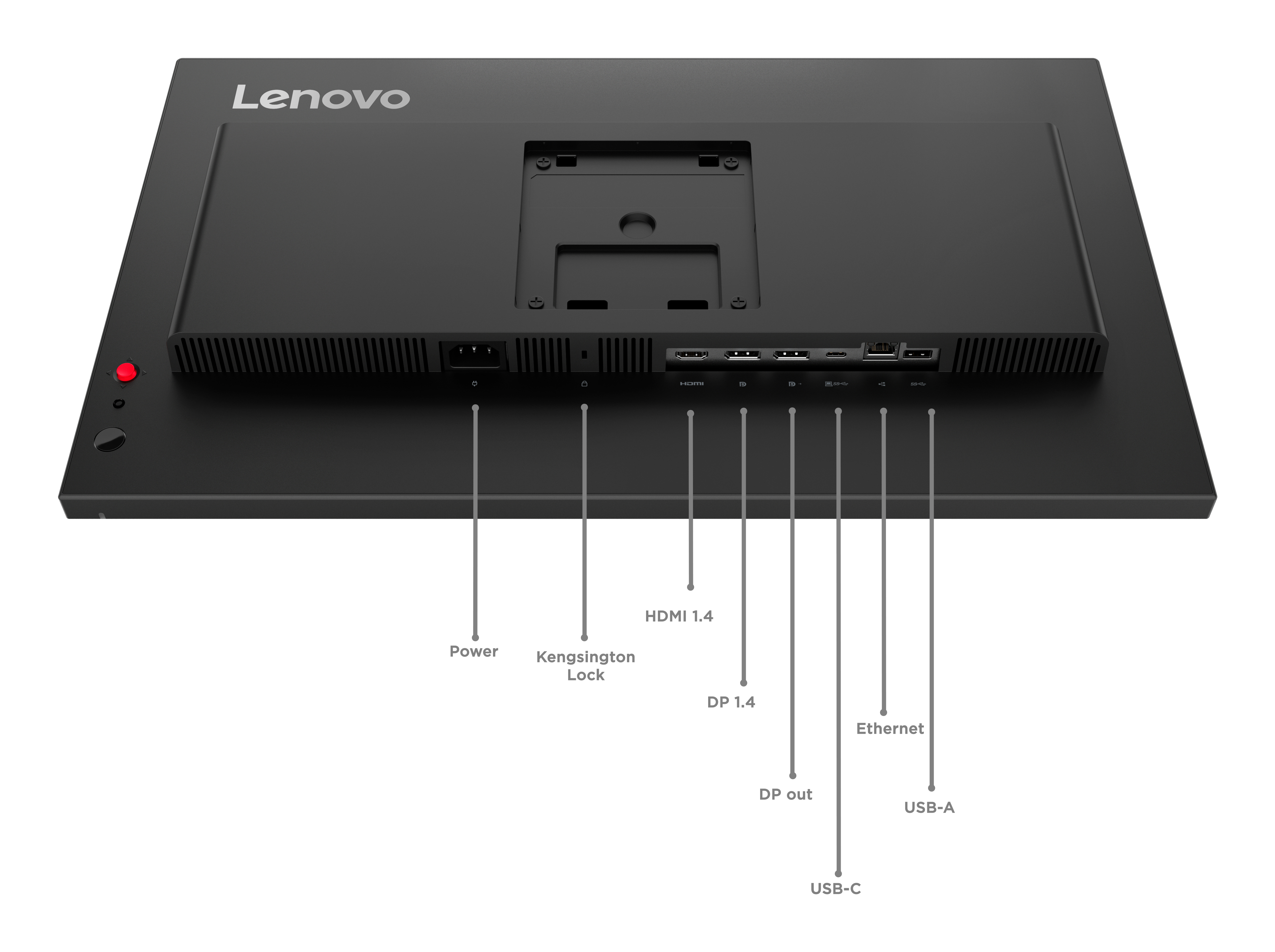 Tył czarnego monitora Lenovo z portami: Zasilanie, Kensington, HDMI, DP, Ethernet, USB.