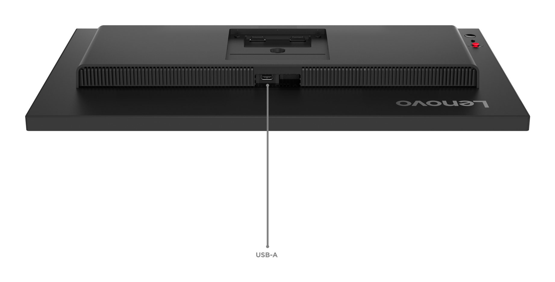 Tył czarnego monitora z portami, logo Lenovo.