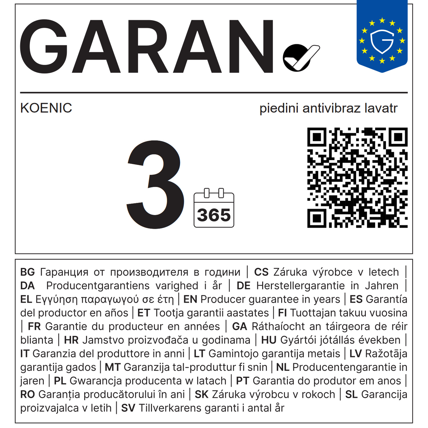 Sigillo di garanzia '3 anni' e codice QR per elettrodomestici KOENIC.