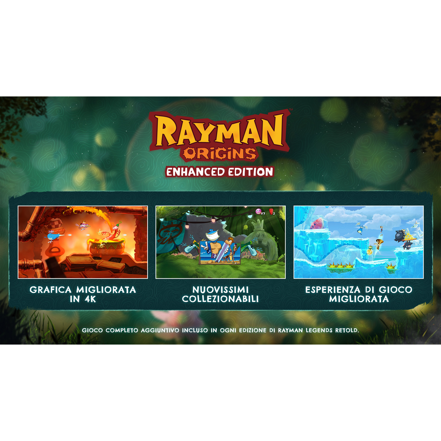 Rayman Origins Enhanced Edition con scene di gioco: grafica, collezionabili, gameplay.