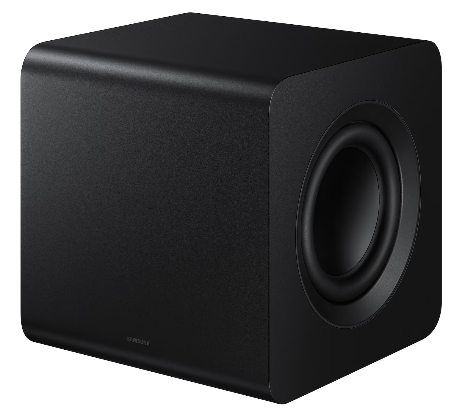 Czarny subwoofer z zaokrąglonymi rogami i okrągłym głośnikiem z boku.