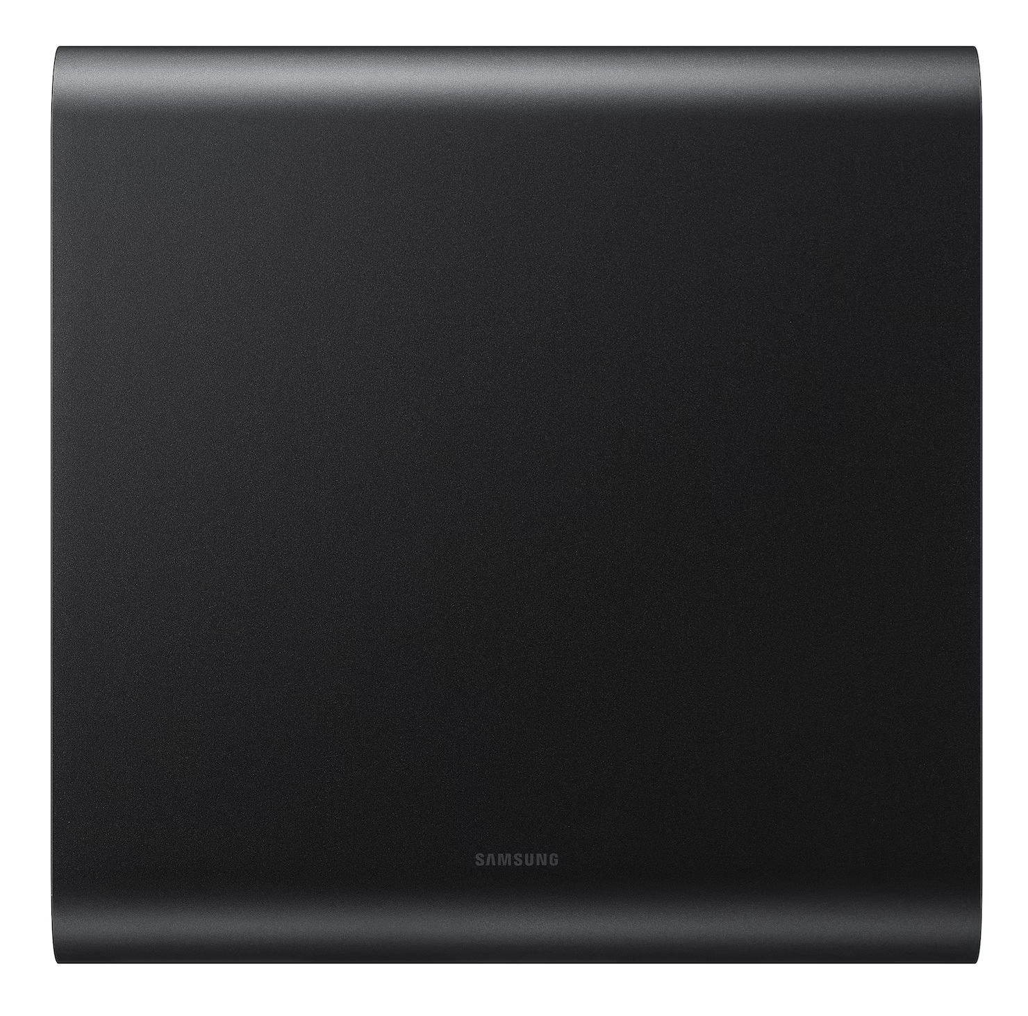 Czarny subwoofer z zaokrąglonymi krawędziami i logo Samsung.